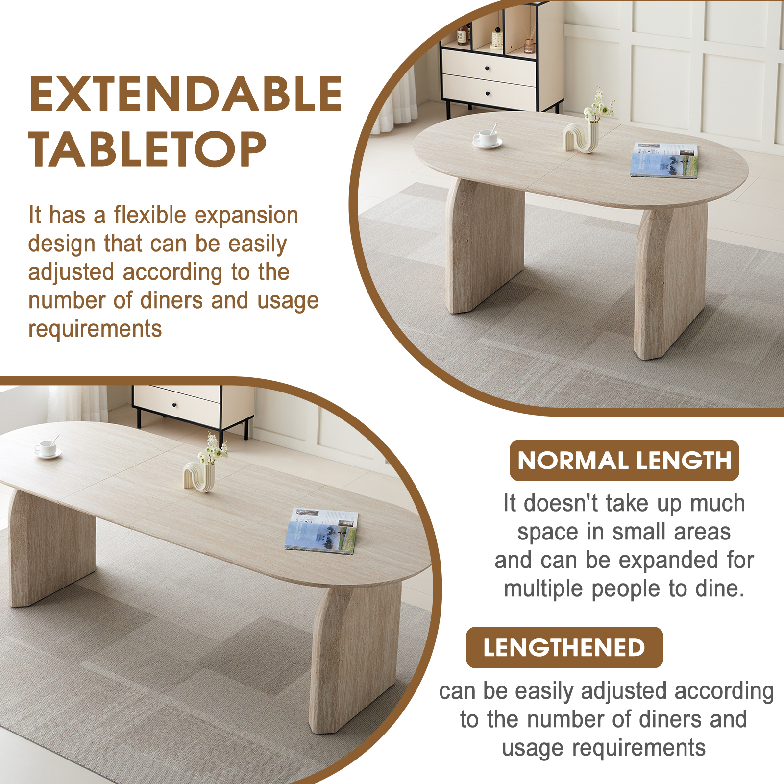 Wood Extendable Dining Table, Modern Oval Kitchen Table with Stylish Dual - Pillar Design, Perfect for Home Dining & Gathering, Multi-functional and Space-saving, Living Room and Dining Room.