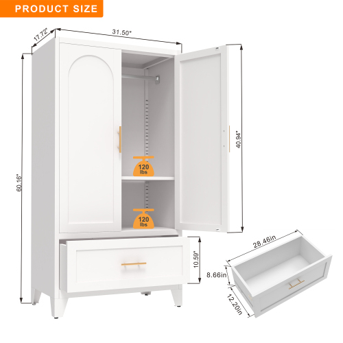 71" Tall Metal Wardrobe Cabinet with 2 Drawers and Hanging Rod, 2 Doors Wardrobe Closet with Shelf for Bedroom, Office, Laundry Room,Entryway ,Foyer,Guesthouse (White)