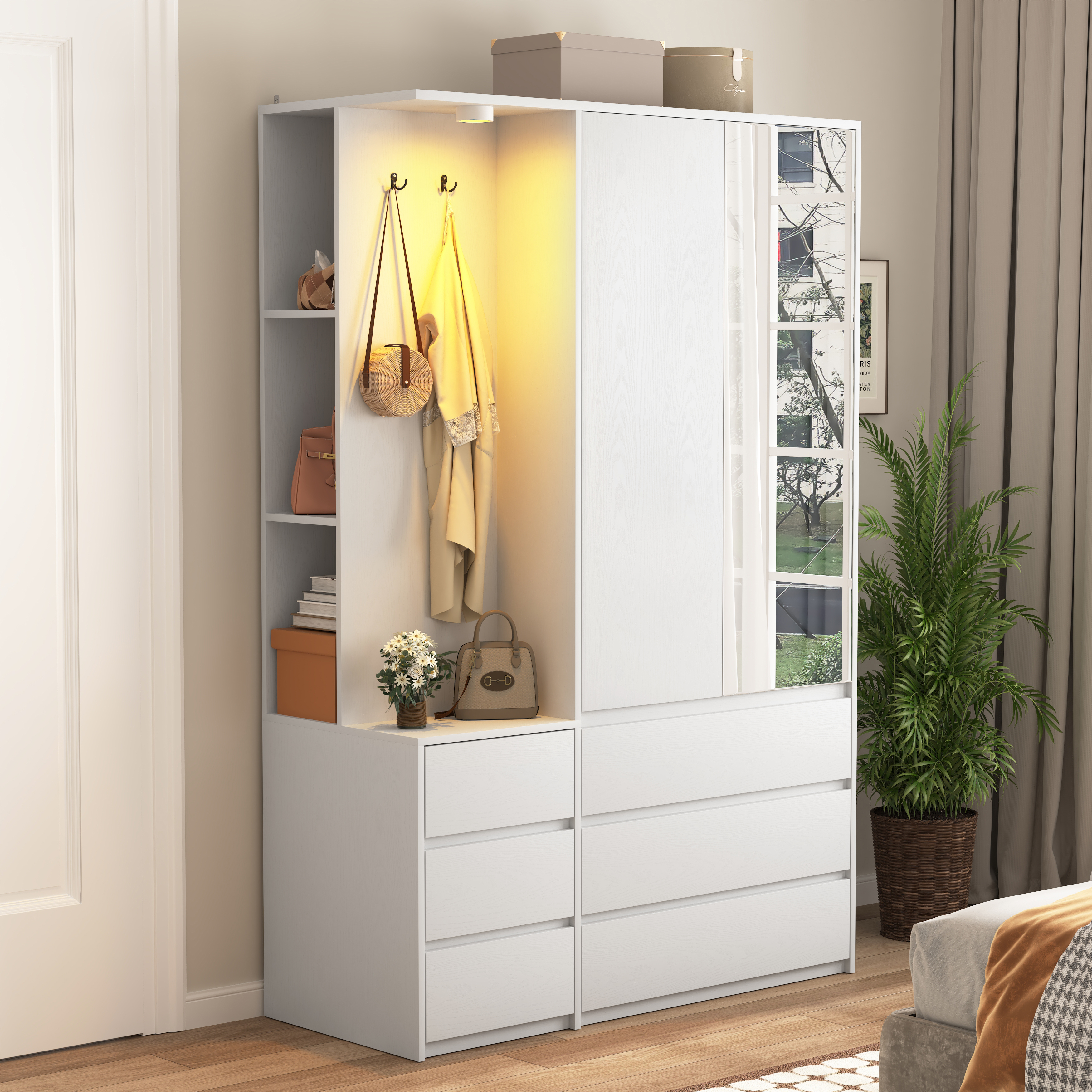 Wardrobe Closet 71.7" H, Bedroom Wooden Wardrobe with 2 Doors 6 Drawers, Modern Clothing Storage Cabinet Combination with Storage Shelves and Hanging Rail, White