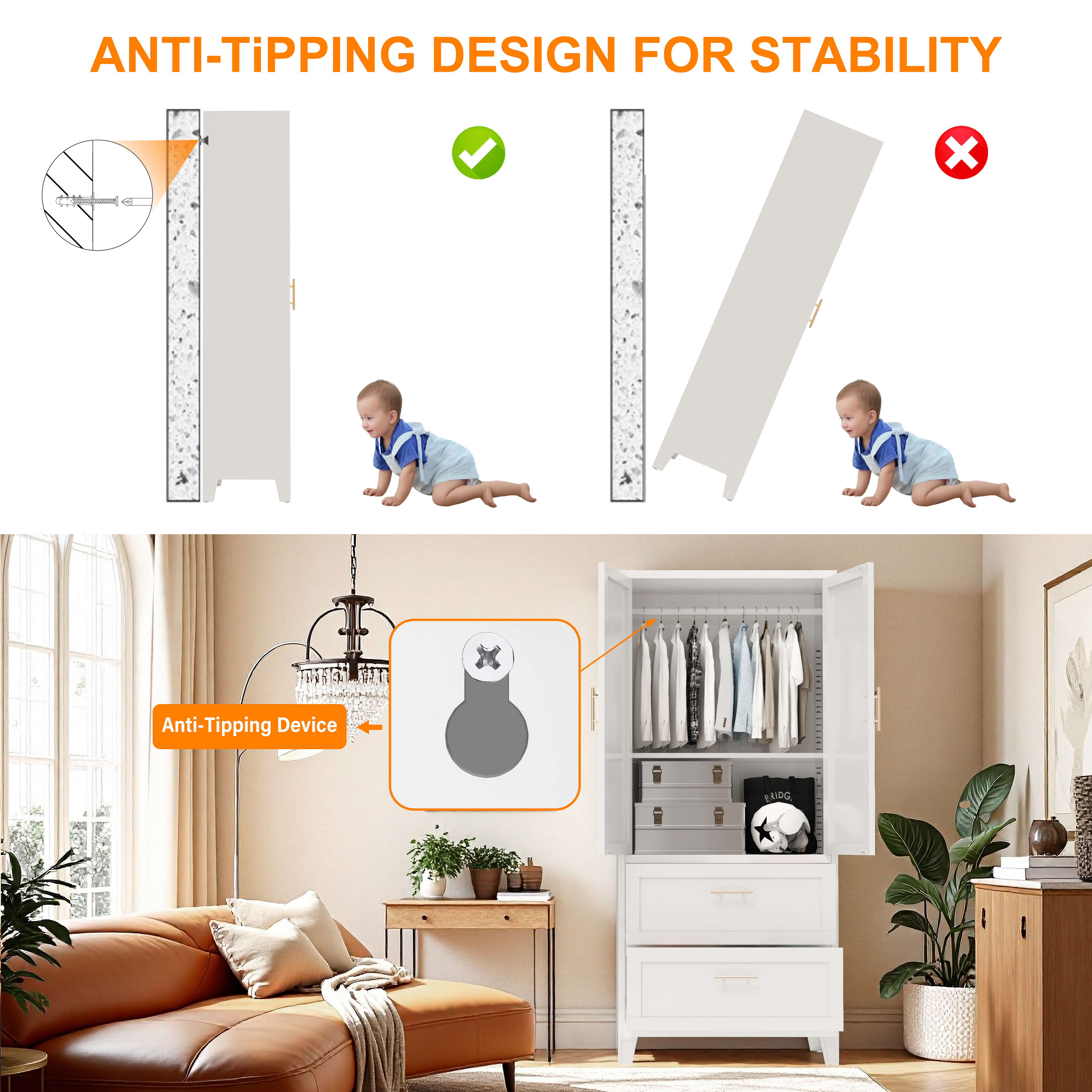 71" Tall Metal Wardrobe Cabinet with 2 Drawers and Hanging Rod, 2 Doors Wardrobe Closet with Shelf for Bedroom, Office, Laundry Room,Entryway ,Foyer,Guesthouse (White)