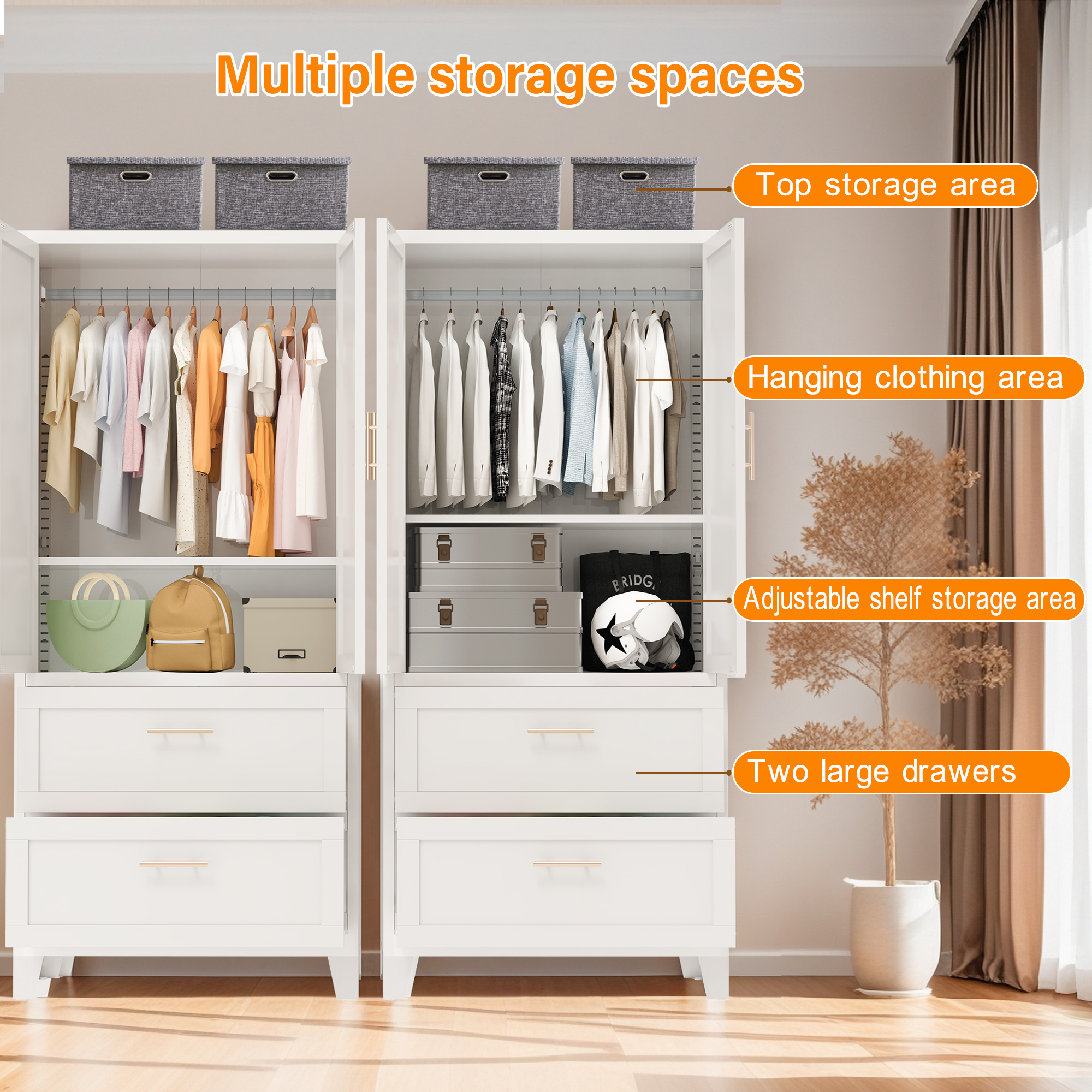 71" Tall Metal Wardrobe Cabinet with 2 Drawers and Hanging Rod, 2 Doors Wardrobe Closet with Shelf for Bedroom, Office, Laundry Room,Entryway ,Foyer,Guesthouse (White)
