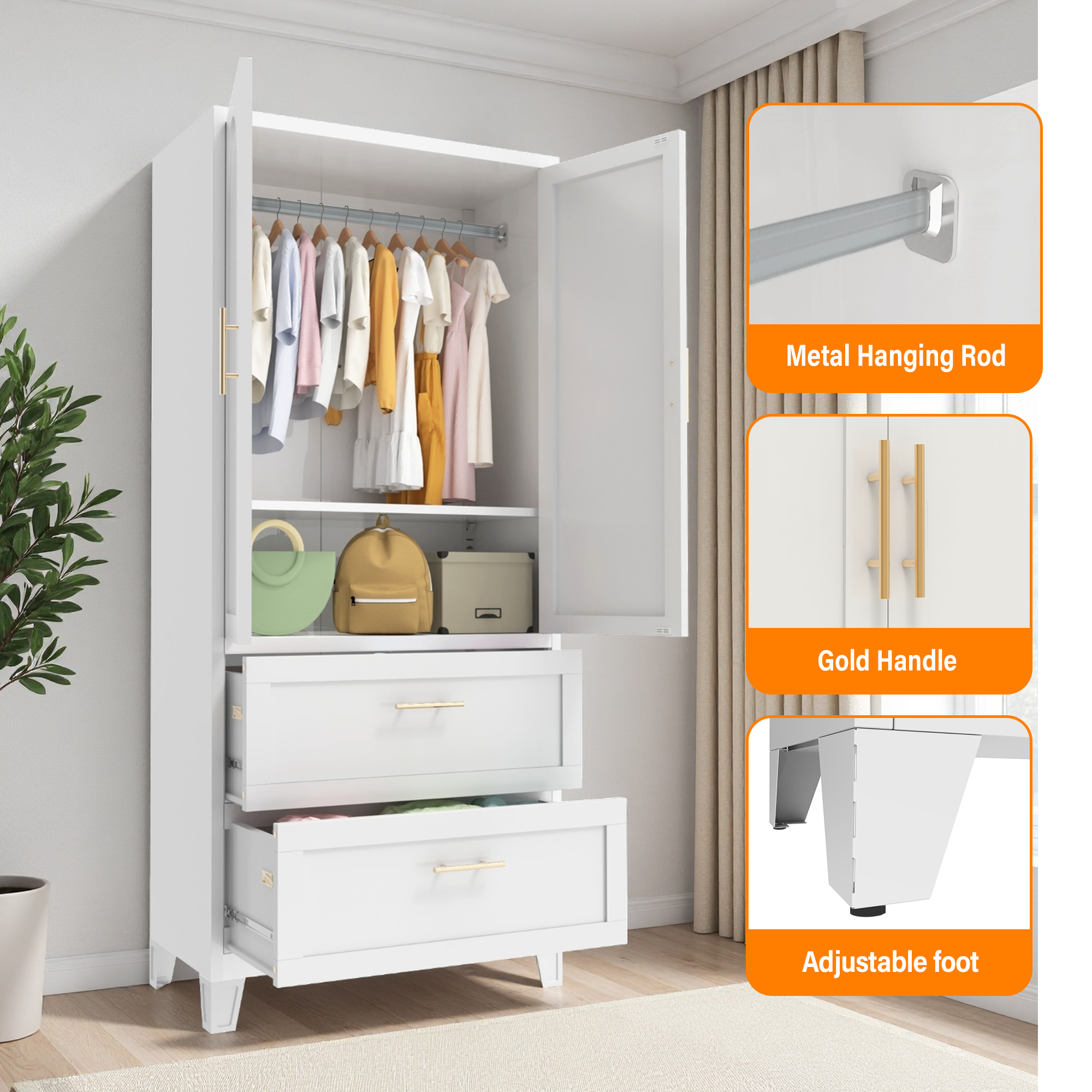 71" Tall Metal Wardrobe Cabinet with 2 Drawers and Hanging Rod, 2 Doors Wardrobe Closet with Shelf for Bedroom, Office, Laundry Room,Entryway ,Foyer,Guesthouse (White)