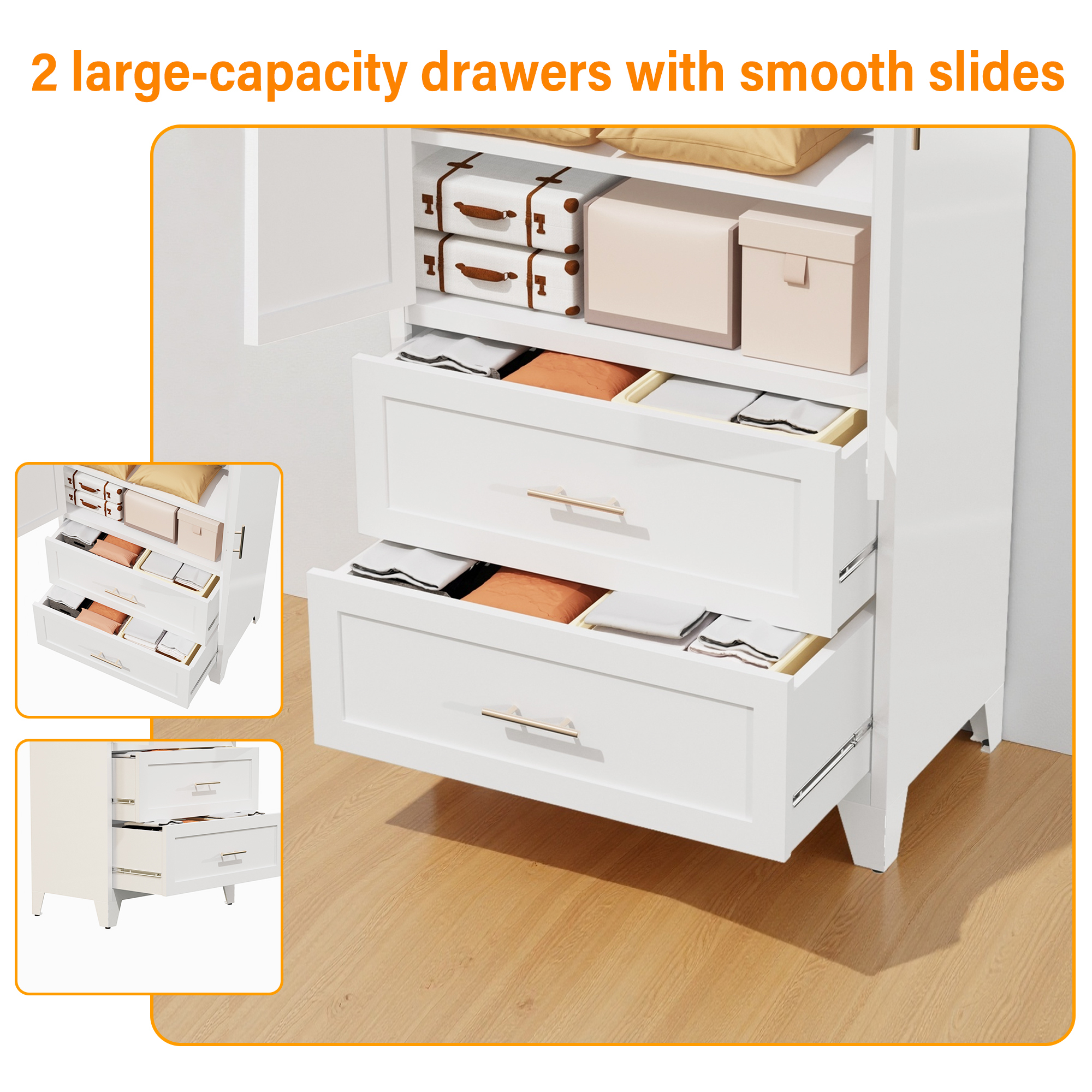 71" Tall Metal Wardrobe Cabinet with 2 Drawers and Hanging Rod, 2 Doors Wardrobe Closet with Shelf for Bedroom, Office, Laundry Room,Entryway ,Foyer,Guesthouse (White)