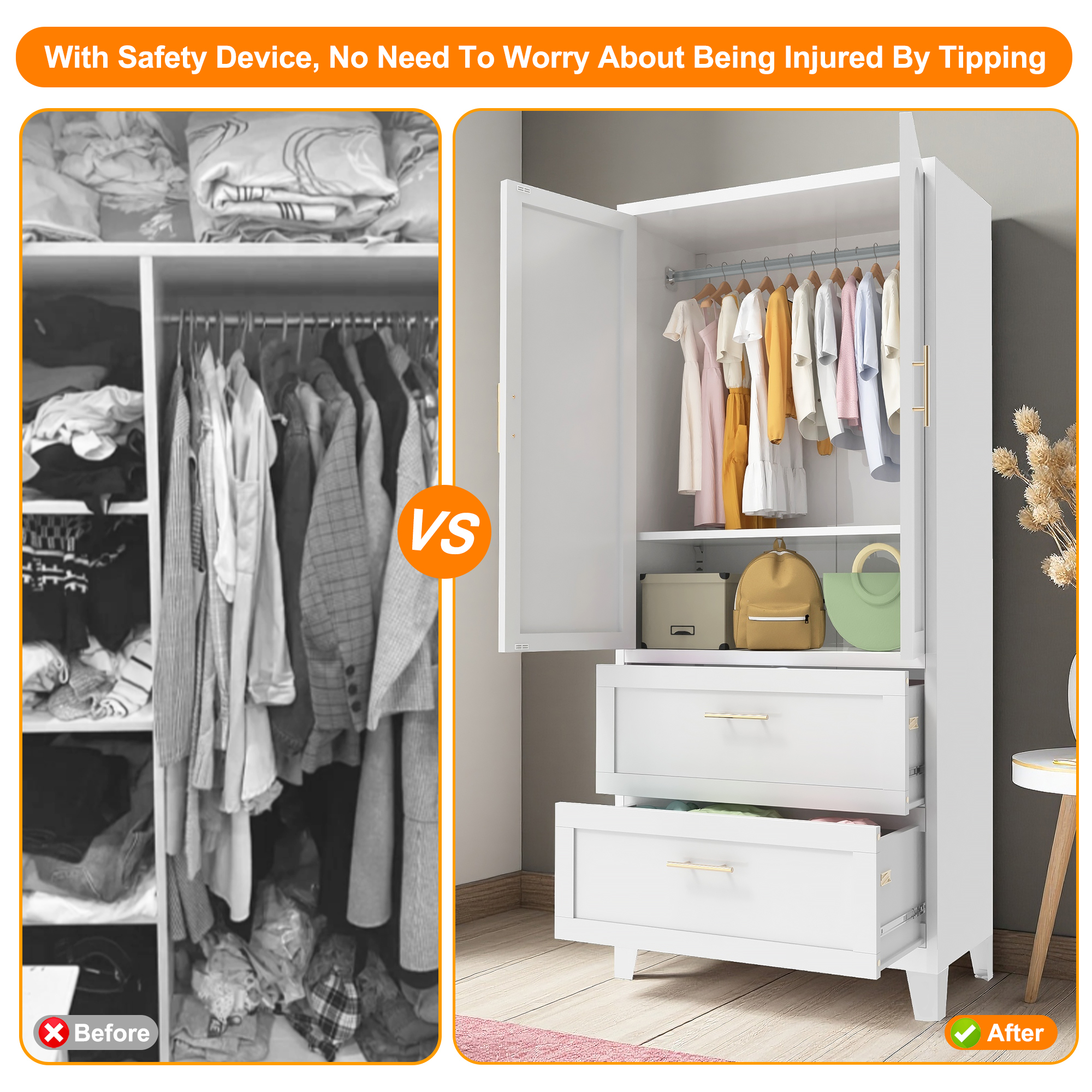 71" Tall Metal Wardrobe Cabinet with 2 Drawers and Hanging Rod, 2 Doors Wardrobe Closet with Shelf for Bedroom, Office, Laundry Room,Entryway ,Foyer,Guesthouse (White)