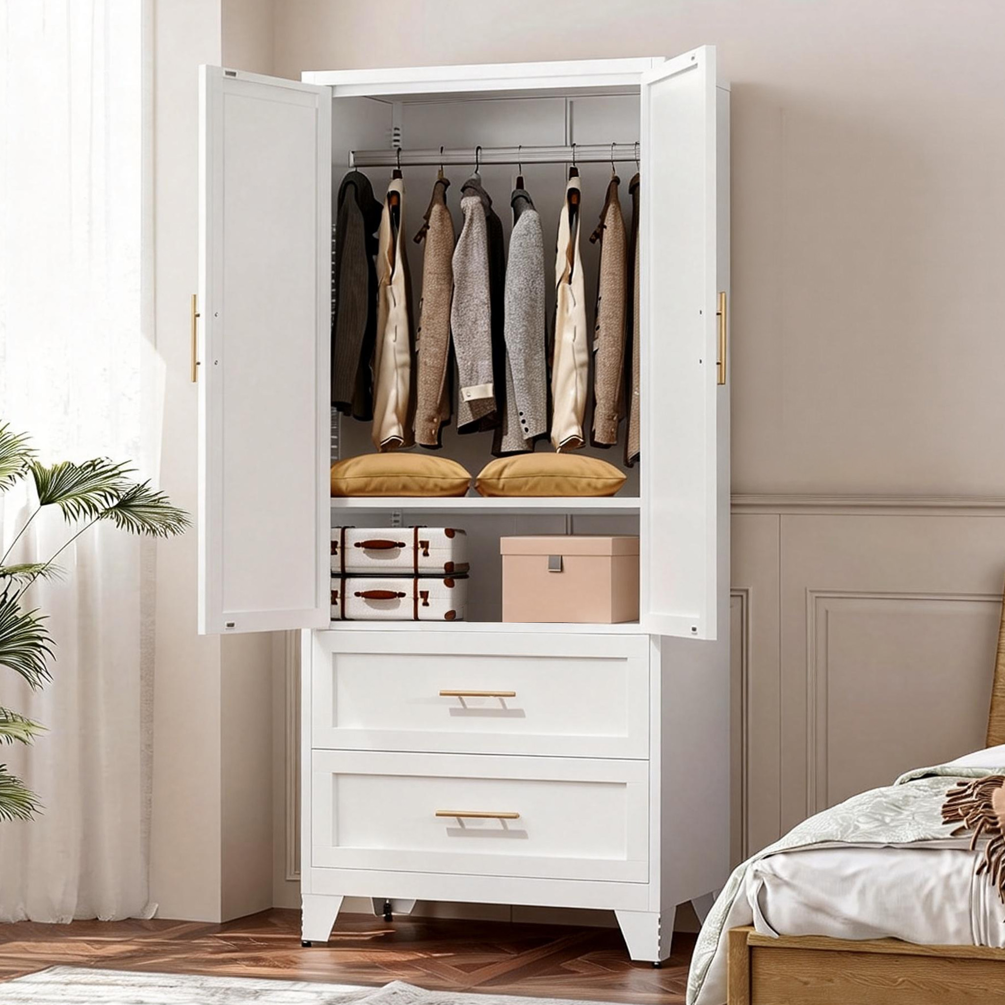 71" Tall Metal Wardrobe Cabinet with 2 Drawers and Hanging Rod, 2 Doors Wardrobe Closet with Shelf for Bedroom, Office, Laundry Room,Entryway ,Foyer,Guesthouse (White)