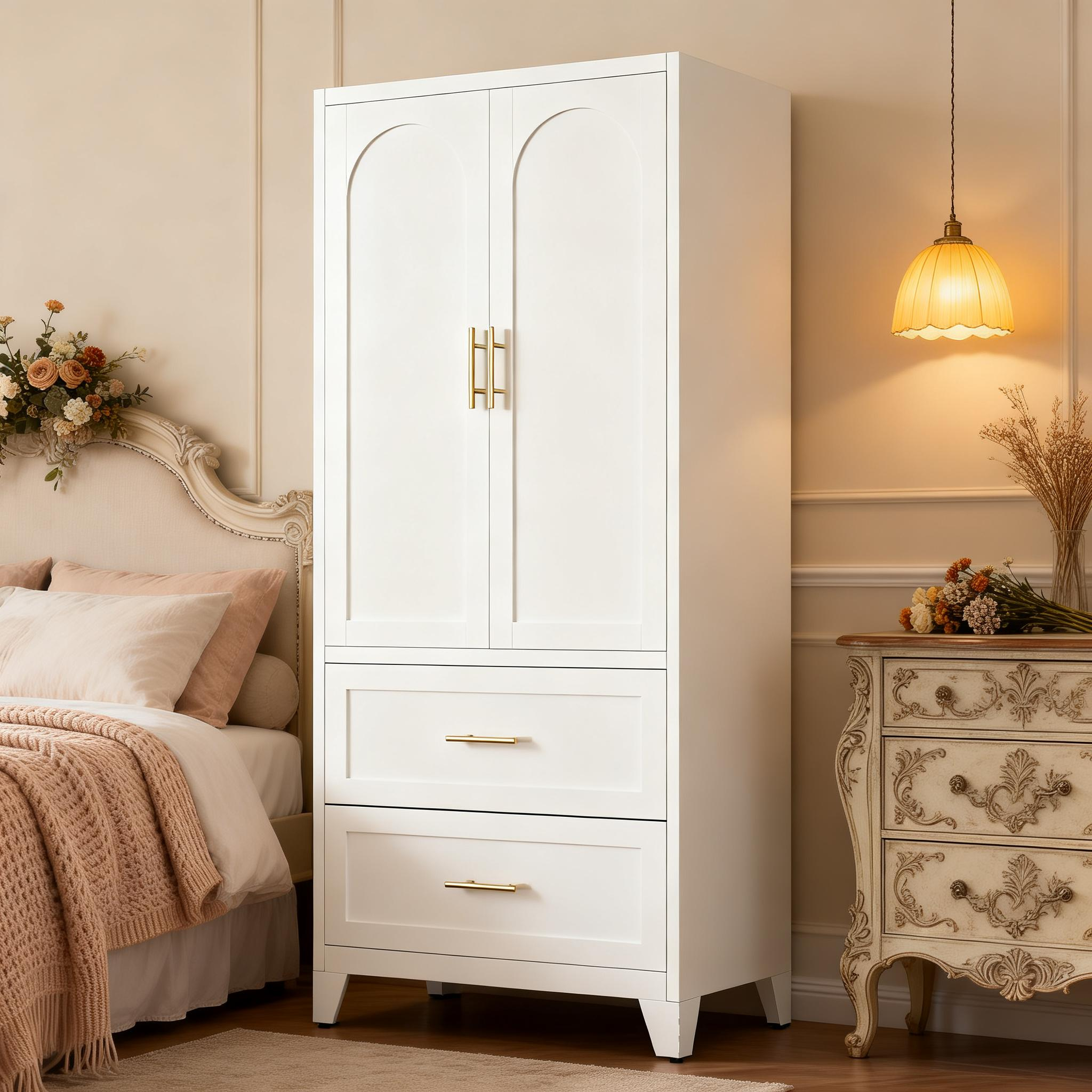 71" Tall Metal Wardrobe Cabinet with 2 Drawers and Hanging Rod, 2 Doors Wardrobe Closet with Shelf for Bedroom, Office, Laundry Room,Entryway ,Foyer,Guesthouse (White)