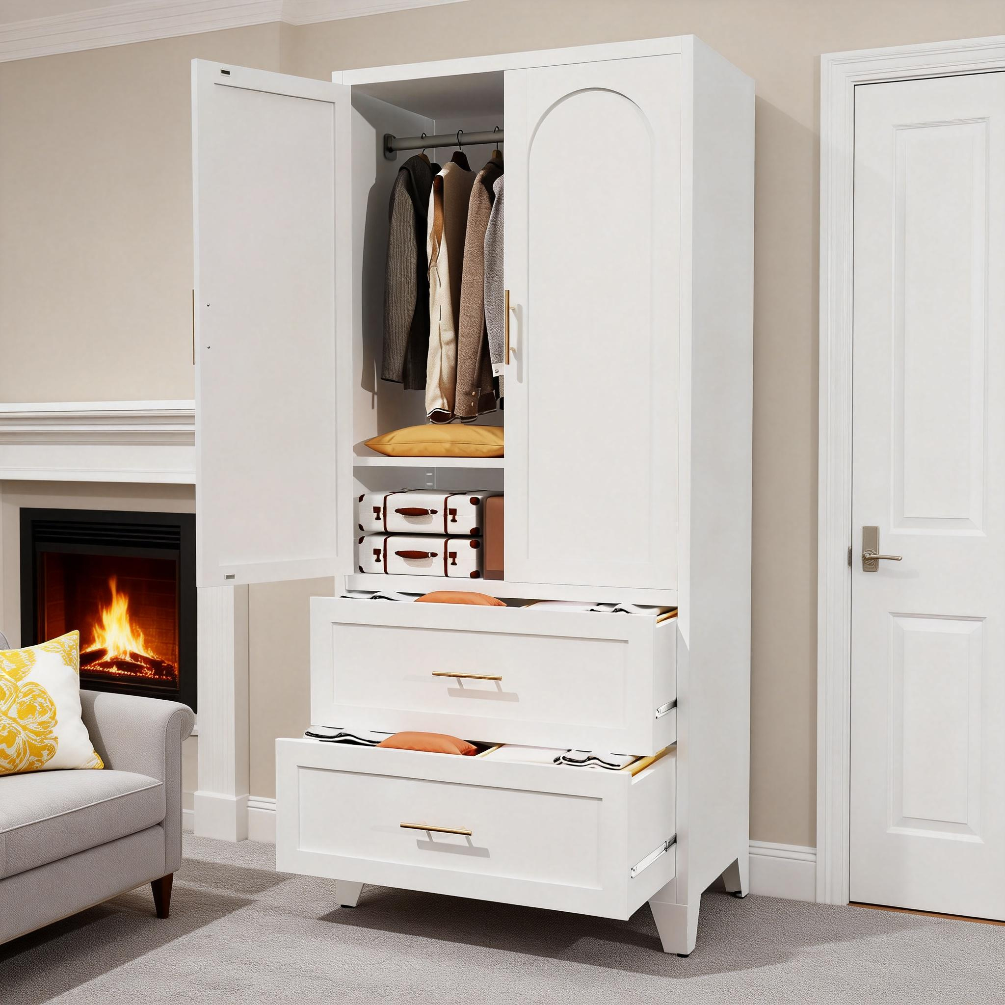 71" Tall Metal Wardrobe Cabinet with 2 Drawers and Hanging Rod, 2 Doors Wardrobe Closet with Shelf for Bedroom, Office, Laundry Room,Entryway ,Foyer,Guesthouse (White)
