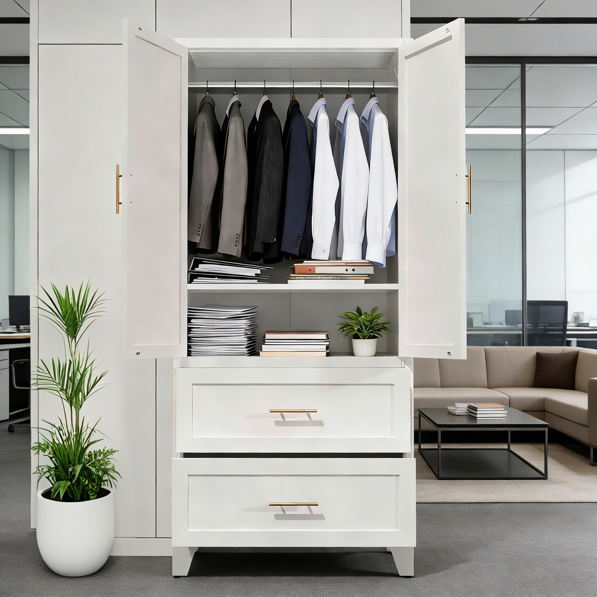 71" Tall Metal Wardrobe Cabinet with 2 Drawers and Hanging Rod, 2 Doors Wardrobe Closet with Shelf for Bedroom, Office, Laundry Room,Entryway ,Foyer,Guesthouse (White)