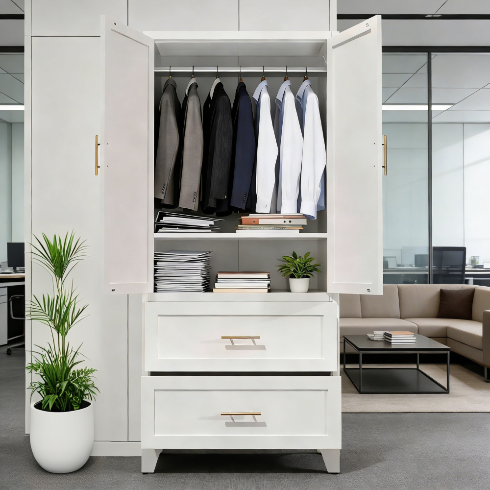 71" Tall Metal Wardrobe Cabinet with 2 Drawers and Hanging Rod, 2 Doors Wardrobe Closet with Shelf for Bedroom, Office, Laundry Room,Entryway ,Foyer,Guesthouse (White)