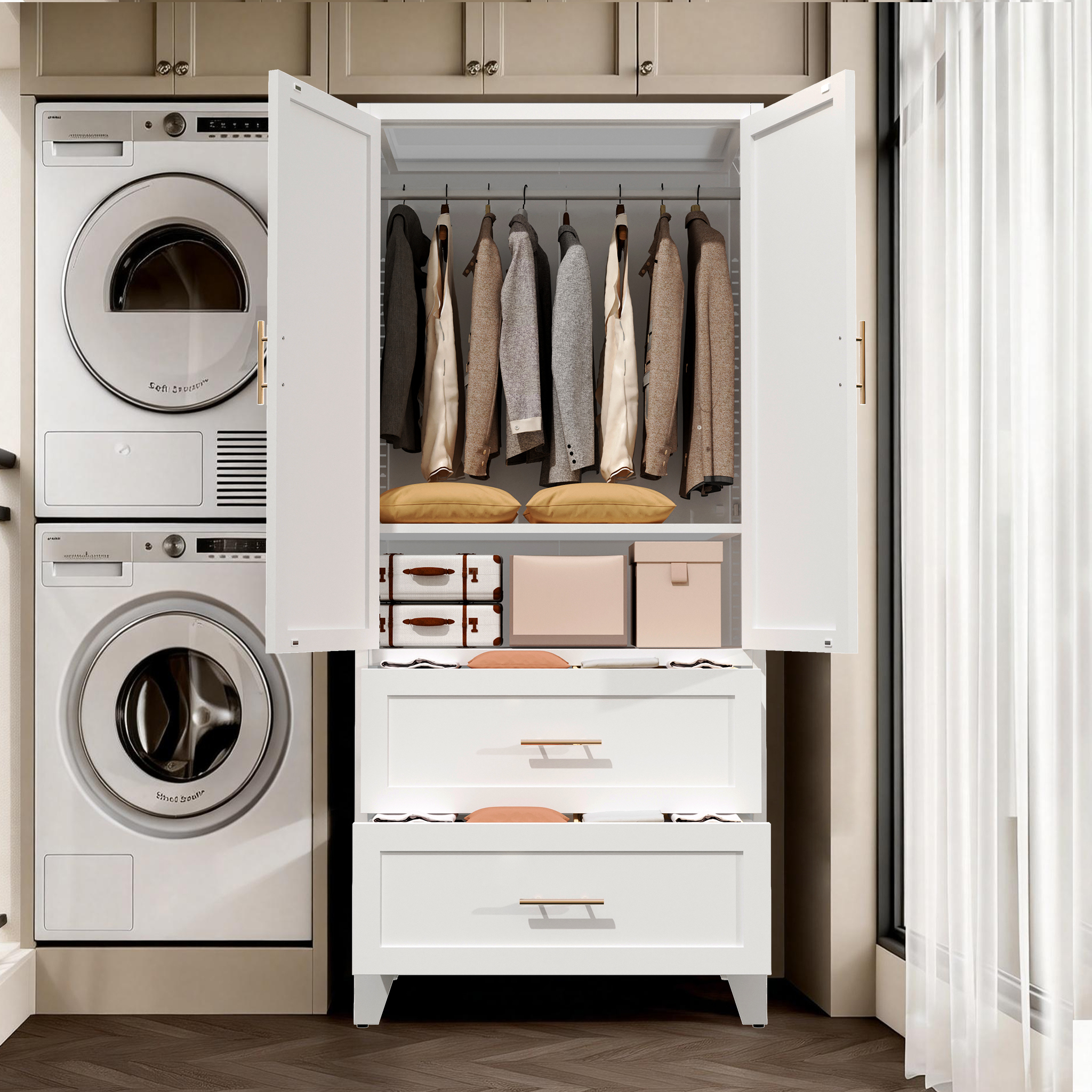 71" Tall Metal Wardrobe Cabinet with 2 Drawers and Hanging Rod, 2 Doors Wardrobe Closet with Shelf for Bedroom, Office, Laundry Room,Entryway ,Foyer,Guesthouse (White)