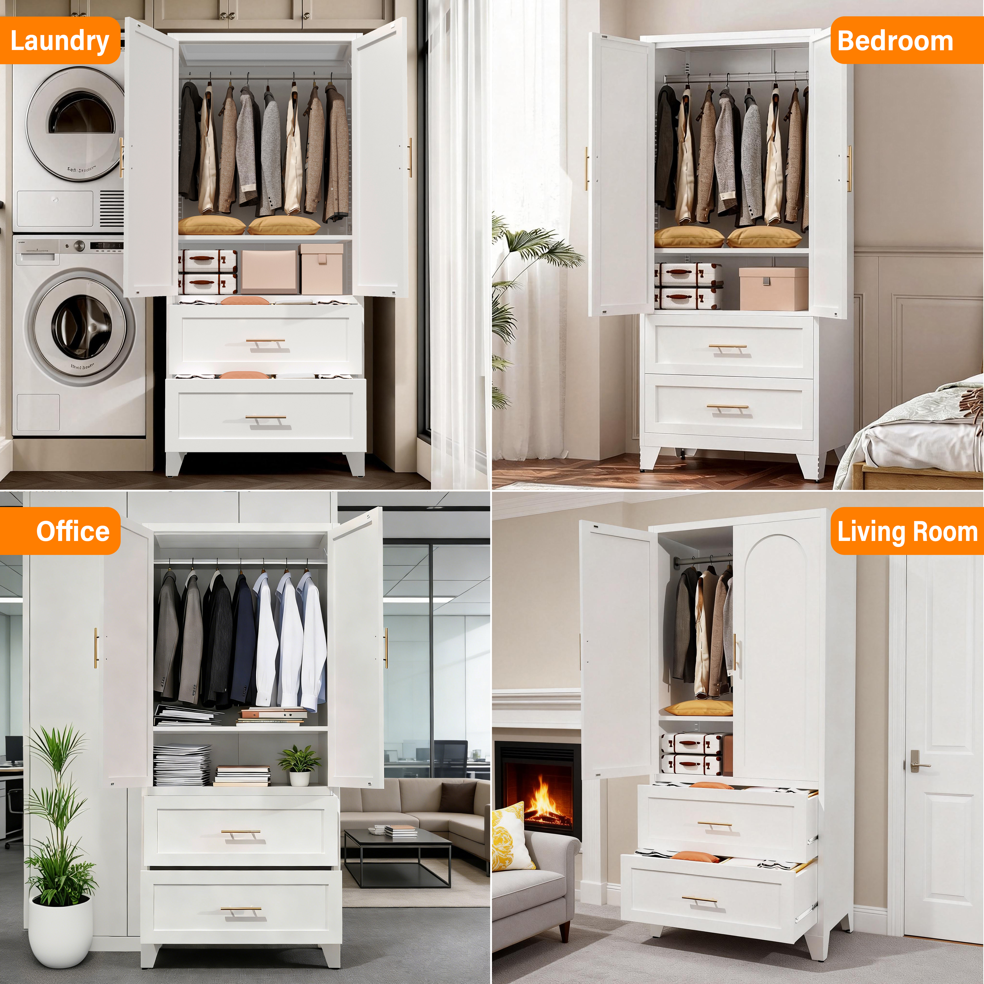 71" Tall Metal Wardrobe Cabinet with 2 Drawers and Hanging Rod, 2 Doors Wardrobe Closet with Shelf for Bedroom, Office, Laundry Room,Entryway ,Foyer,Guesthouse (White)