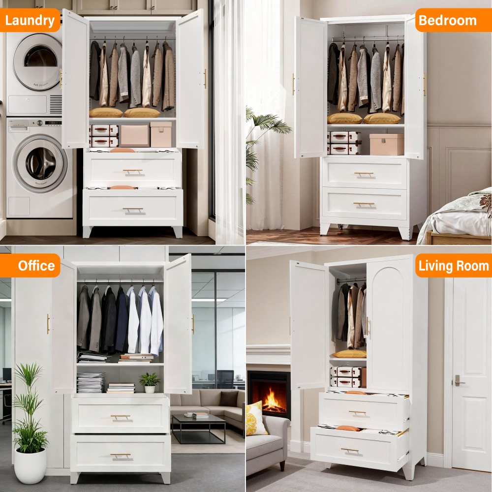 71" Tall Metal Wardrobe Cabinet with 2 Drawers and Hanging Rod, 2 Doors Wardrobe Closet with Shelf for Bedroom, Office, Laundry Room,Entryway ,Foyer,Guesthouse (White)