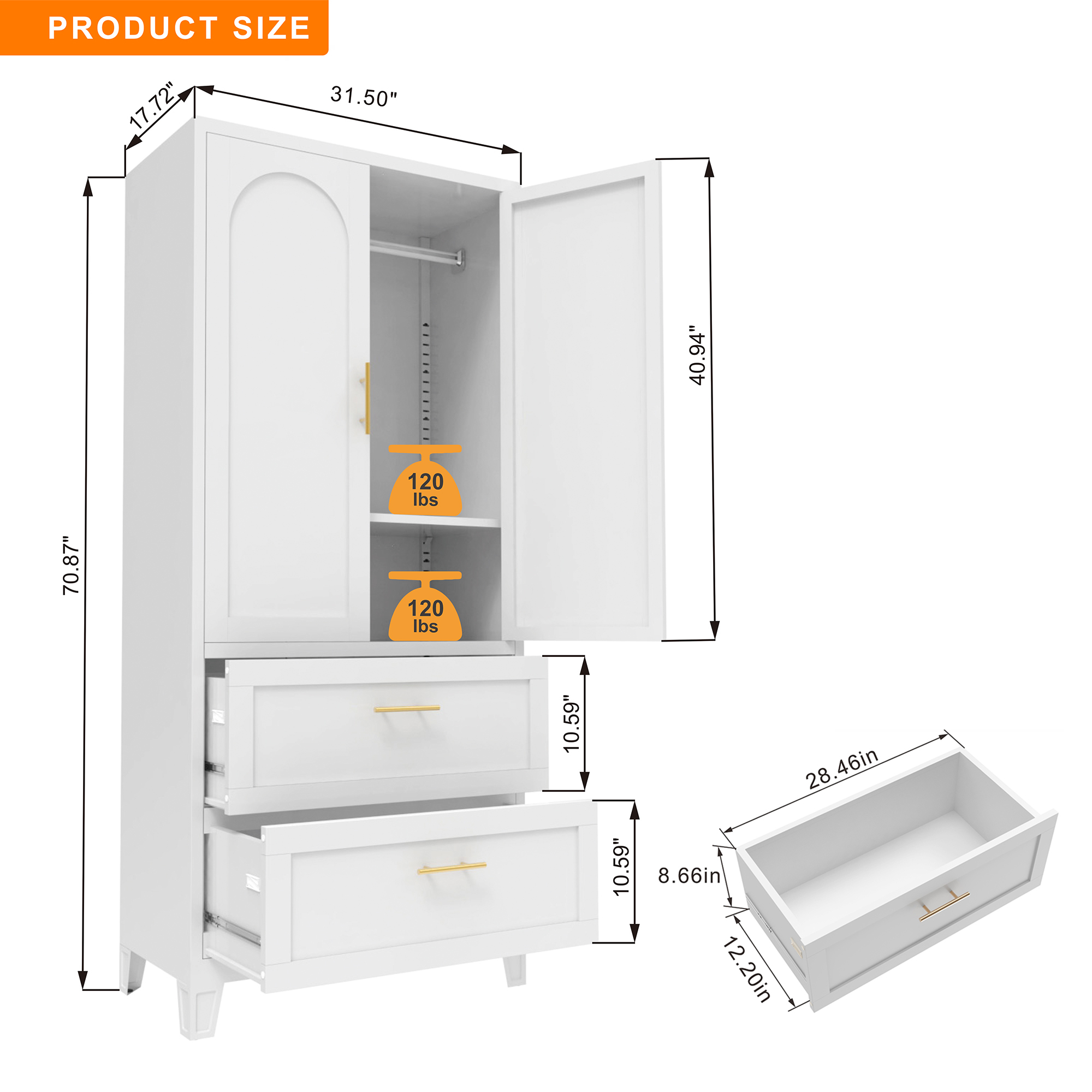 71" Tall Metal Wardrobe Cabinet with 2 Drawers and Hanging Rod, 2 Doors Wardrobe Closet with Shelf for Bedroom, Office, Laundry Room,Entryway ,Foyer,Guesthouse (White)