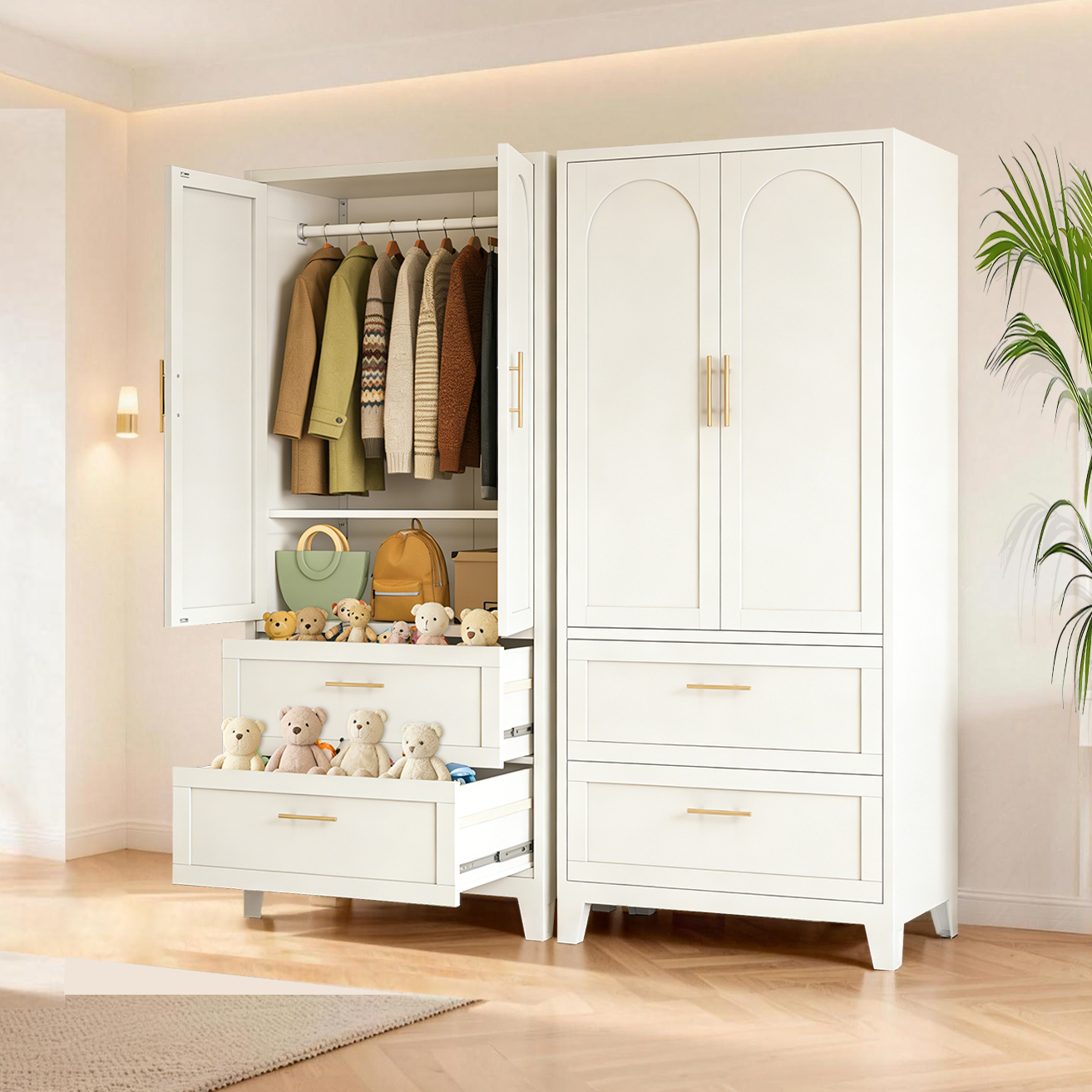 71" Tall Metal Wardrobe Cabinet with 2 Drawers and Hanging Rod, 2 Doors Wardrobe Closet with Shelf for Bedroom, Office, Laundry Room,Entryway ,Foyer,Guesthouse (White)