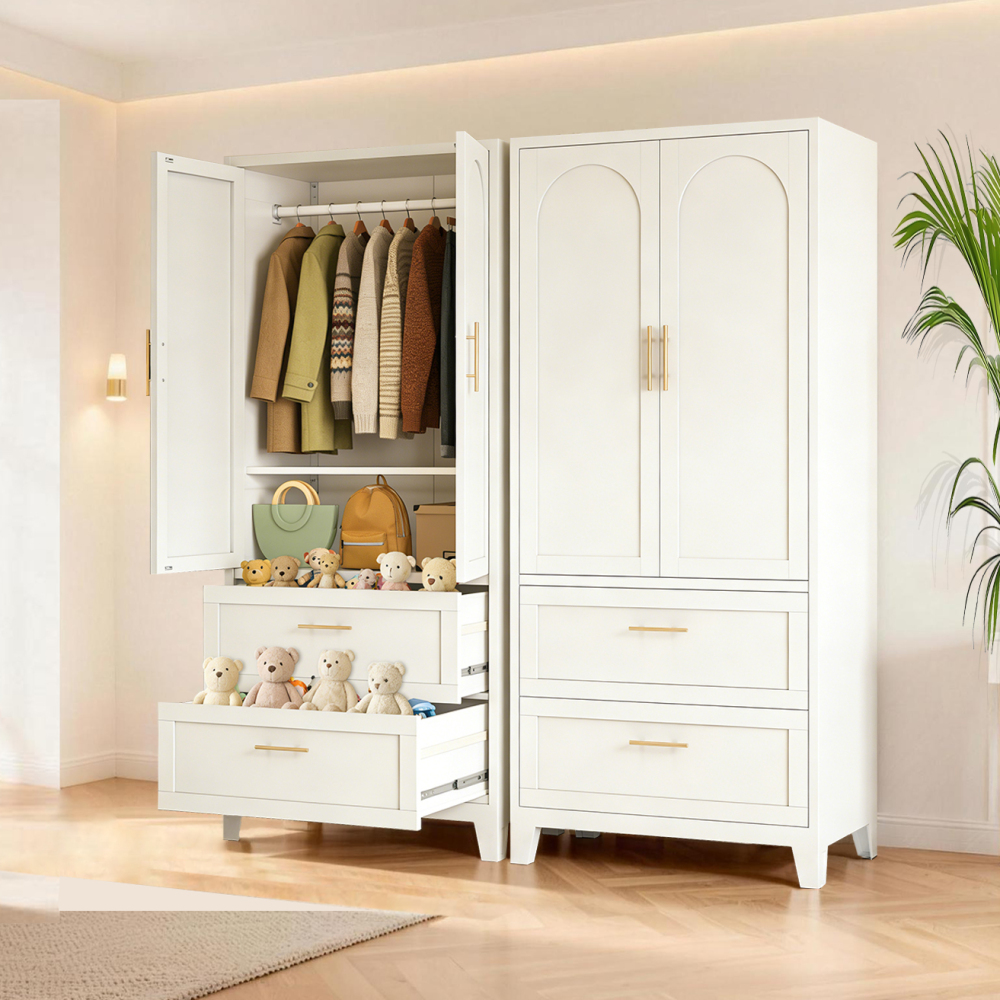 71" Tall Metal Wardrobe Cabinet with 2 Drawers and Hanging Rod, 2 Doors Wardrobe Closet with Shelf for Bedroom, Office, Laundry Room,Entryway ,Foyer,Guesthouse (White)