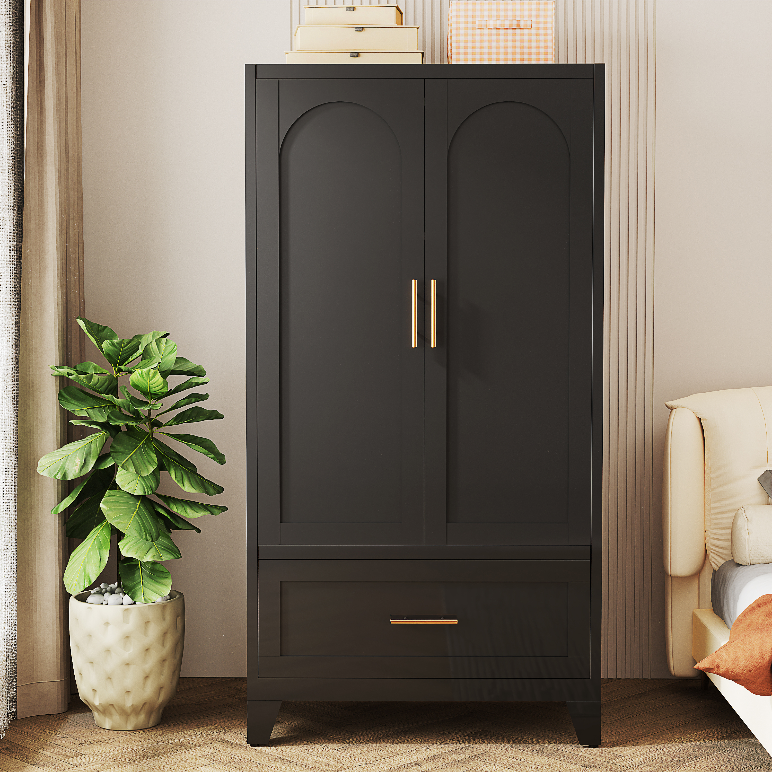 71" Tall Metal Wardrobe Cabinet with 2 Drawers and Hanging Rod, 2 Doors Wardrobe Closet with Shelf for Bedroom, Office, Laundry Room,Entryway ,Foyer,Guesthouse (White)