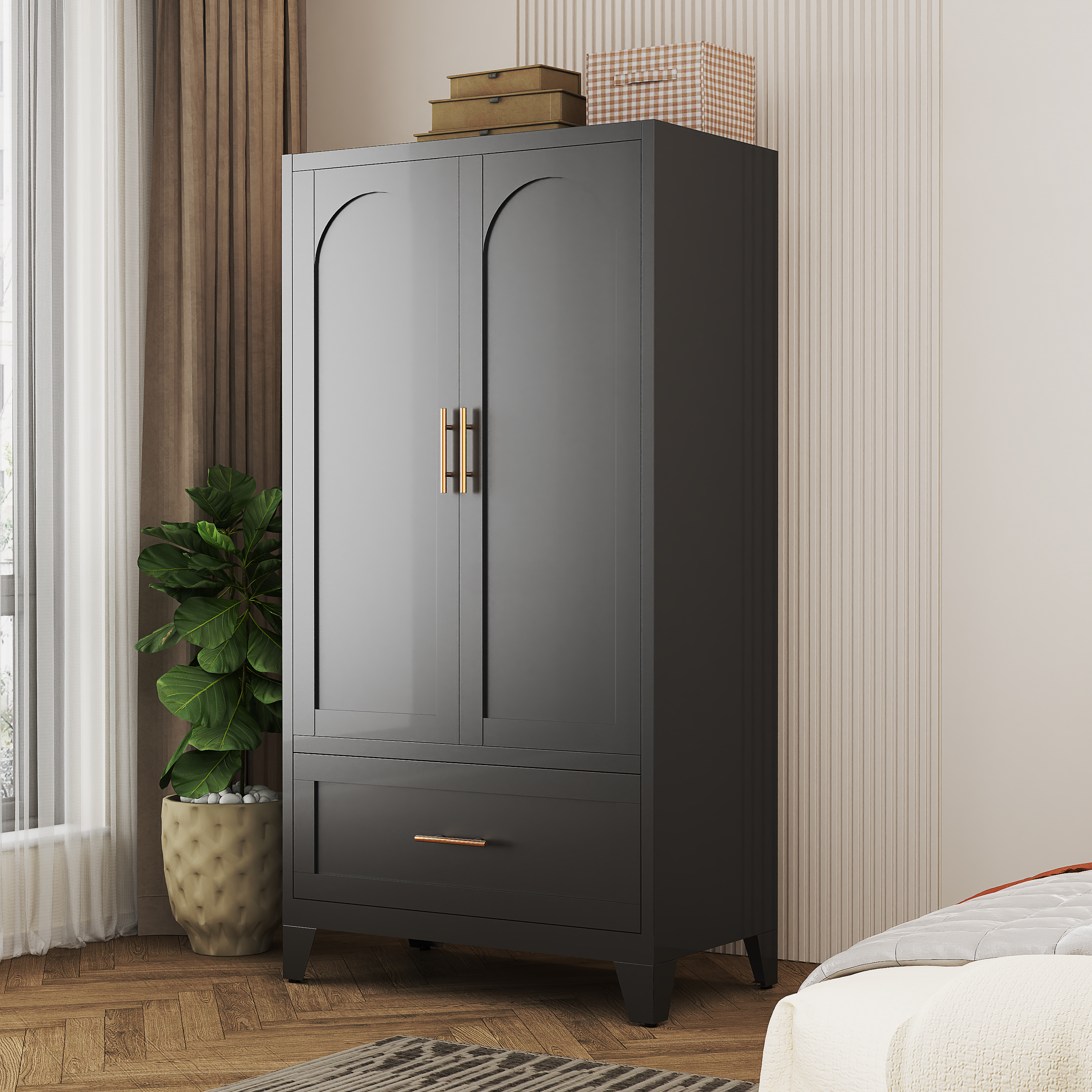 71" Tall Metal Wardrobe Cabinet with 2 Drawers and Hanging Rod, 2 Doors Wardrobe Closet with Shelf for Bedroom, Office, Laundry Room,Entryway ,Foyer,Guesthouse (White)