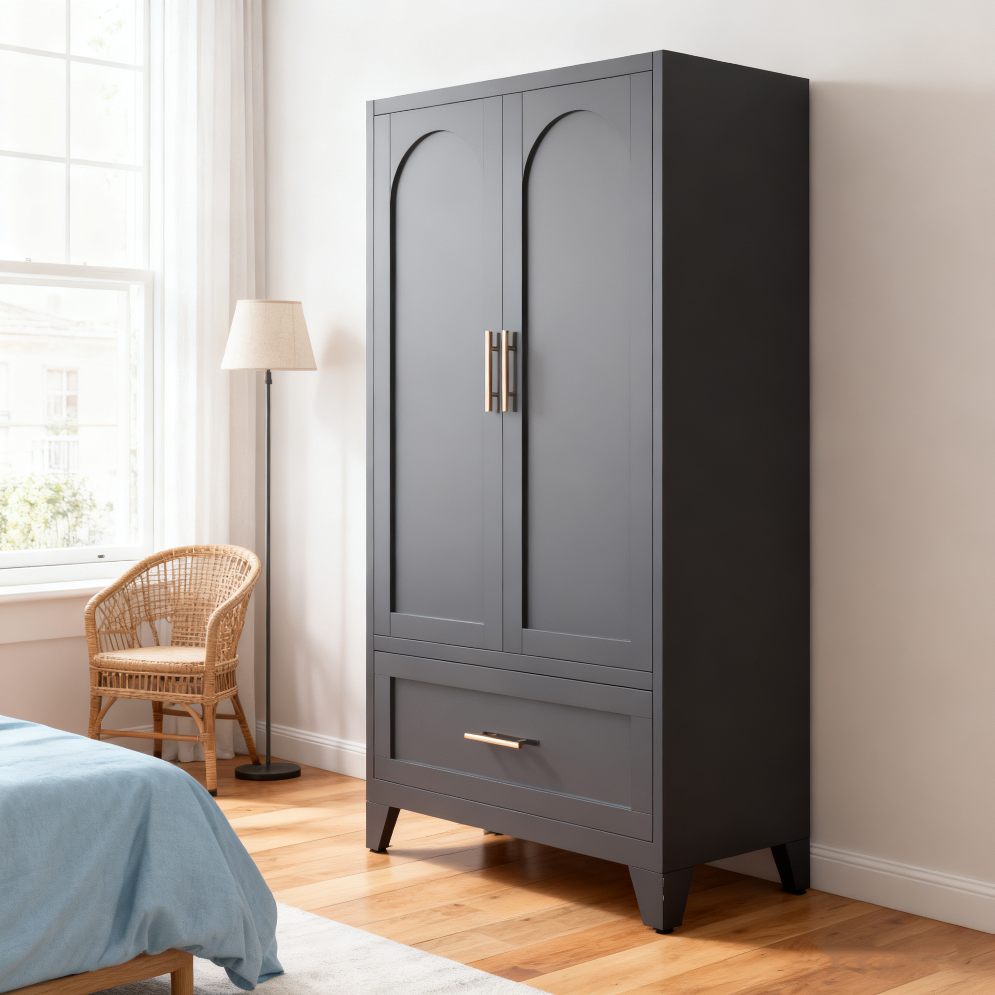 71" Tall Metal Wardrobe Cabinet with 2 Drawers and Hanging Rod, 2 Doors Wardrobe Closet with Shelf for Bedroom, Office, Laundry Room,Entryway ,Foyer,Guesthouse (White)