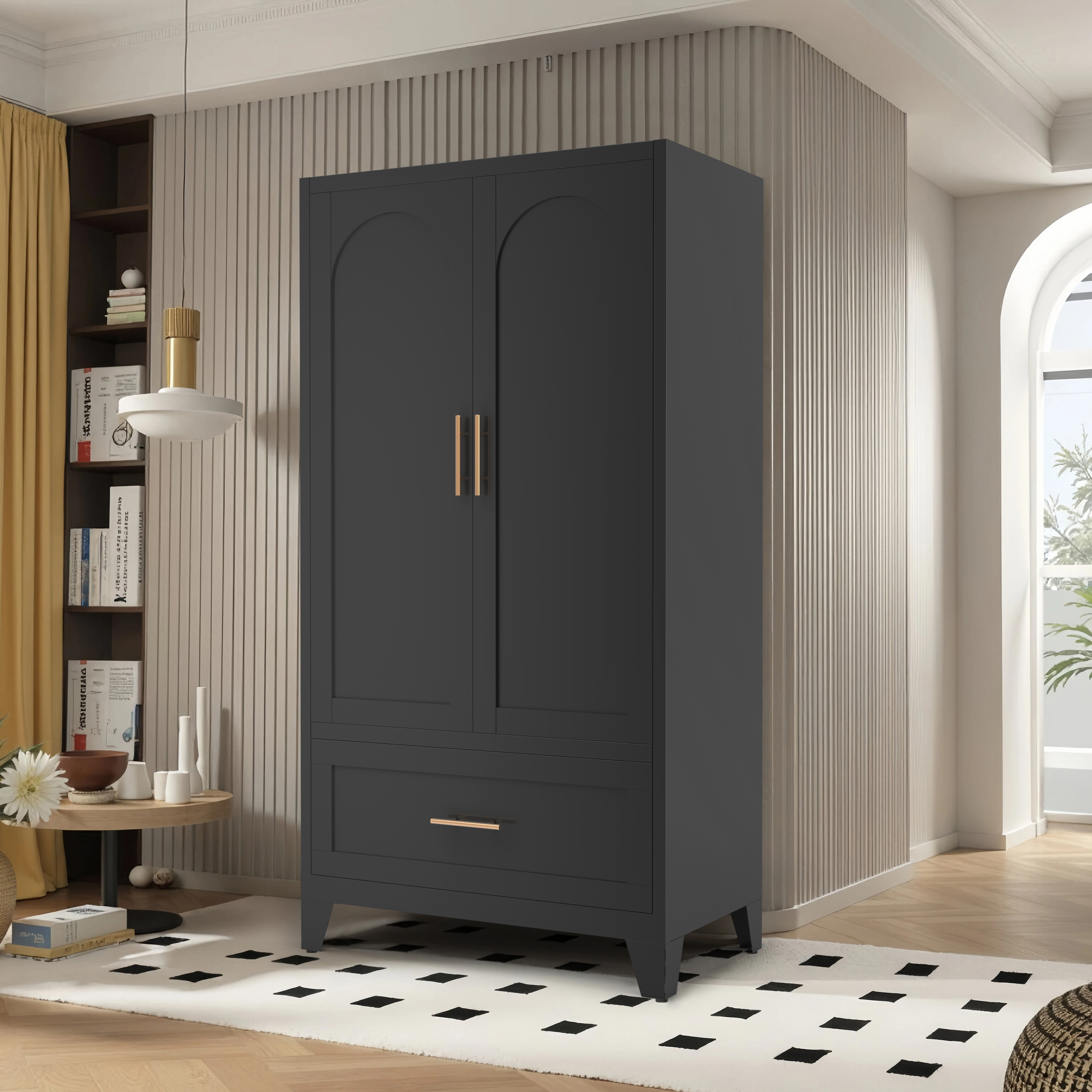 71" Tall Metal Wardrobe Cabinet with 2 Drawers and Hanging Rod, 2 Doors Wardrobe Closet with Shelf for Bedroom, Office, Laundry Room,Entryway ,Foyer,Guesthouse (White)