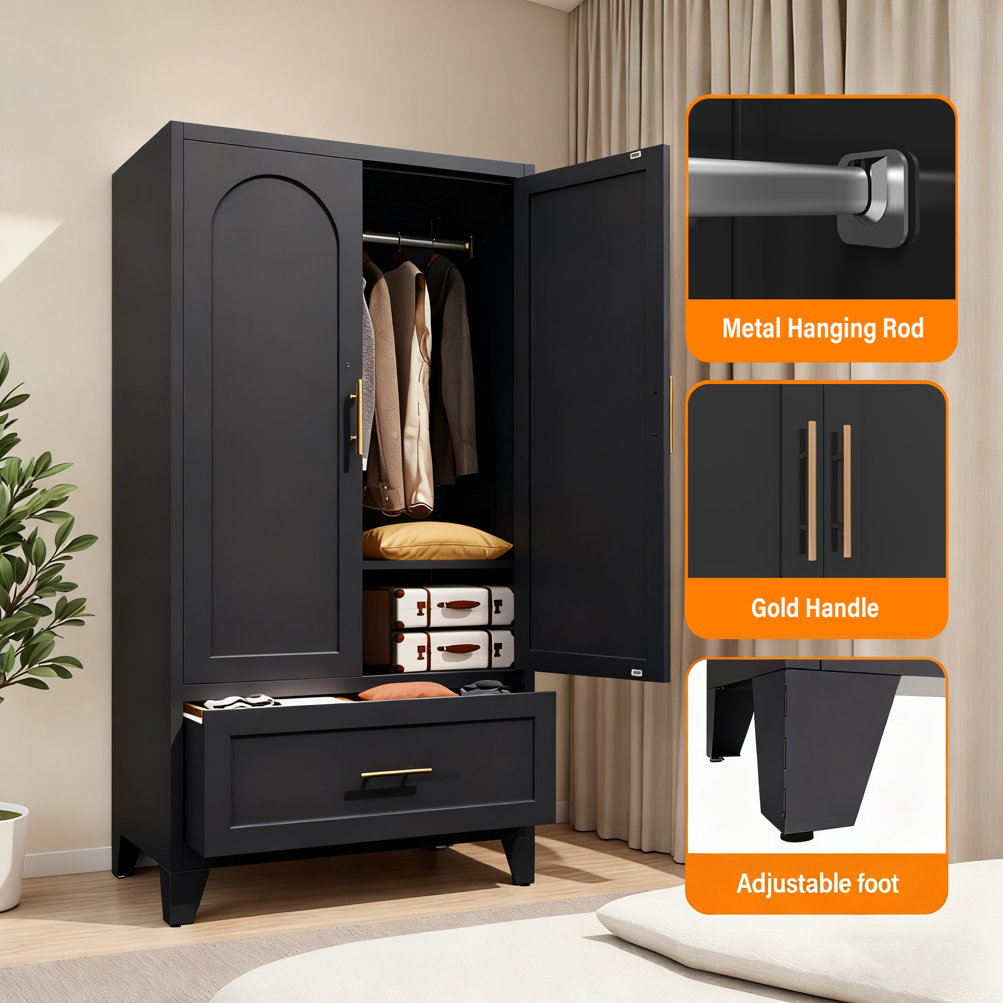 71" Tall Metal Wardrobe Cabinet with 2 Drawers and Hanging Rod, 2 Doors Wardrobe Closet with Shelf for Bedroom, Office, Laundry Room,Entryway ,Foyer,Guesthouse (White)