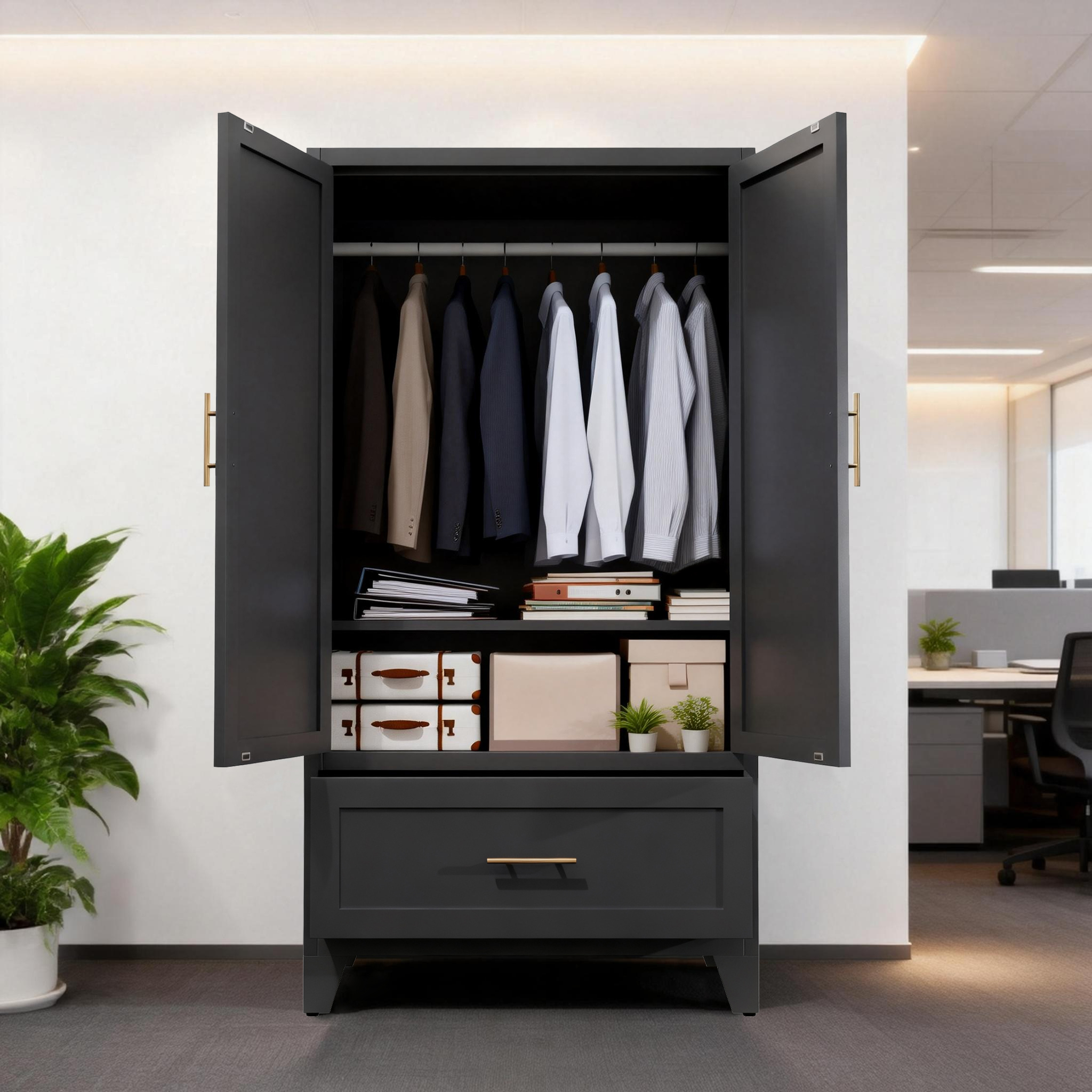 71" Tall Metal Wardrobe Cabinet with 2 Drawers and Hanging Rod, 2 Doors Wardrobe Closet with Shelf for Bedroom, Office, Laundry Room,Entryway ,Foyer,Guesthouse (White)