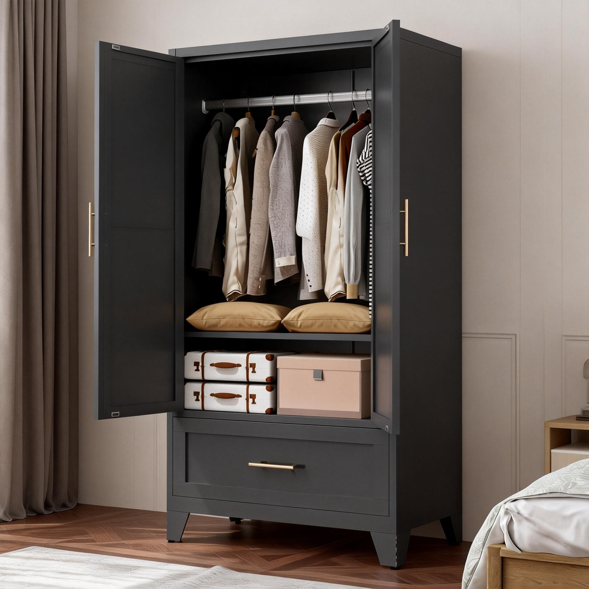 71" Tall Metal Wardrobe Cabinet with 2 Drawers and Hanging Rod, 2 Doors Wardrobe Closet with Shelf for Bedroom, Office, Laundry Room,Entryway ,Foyer,Guesthouse (White)