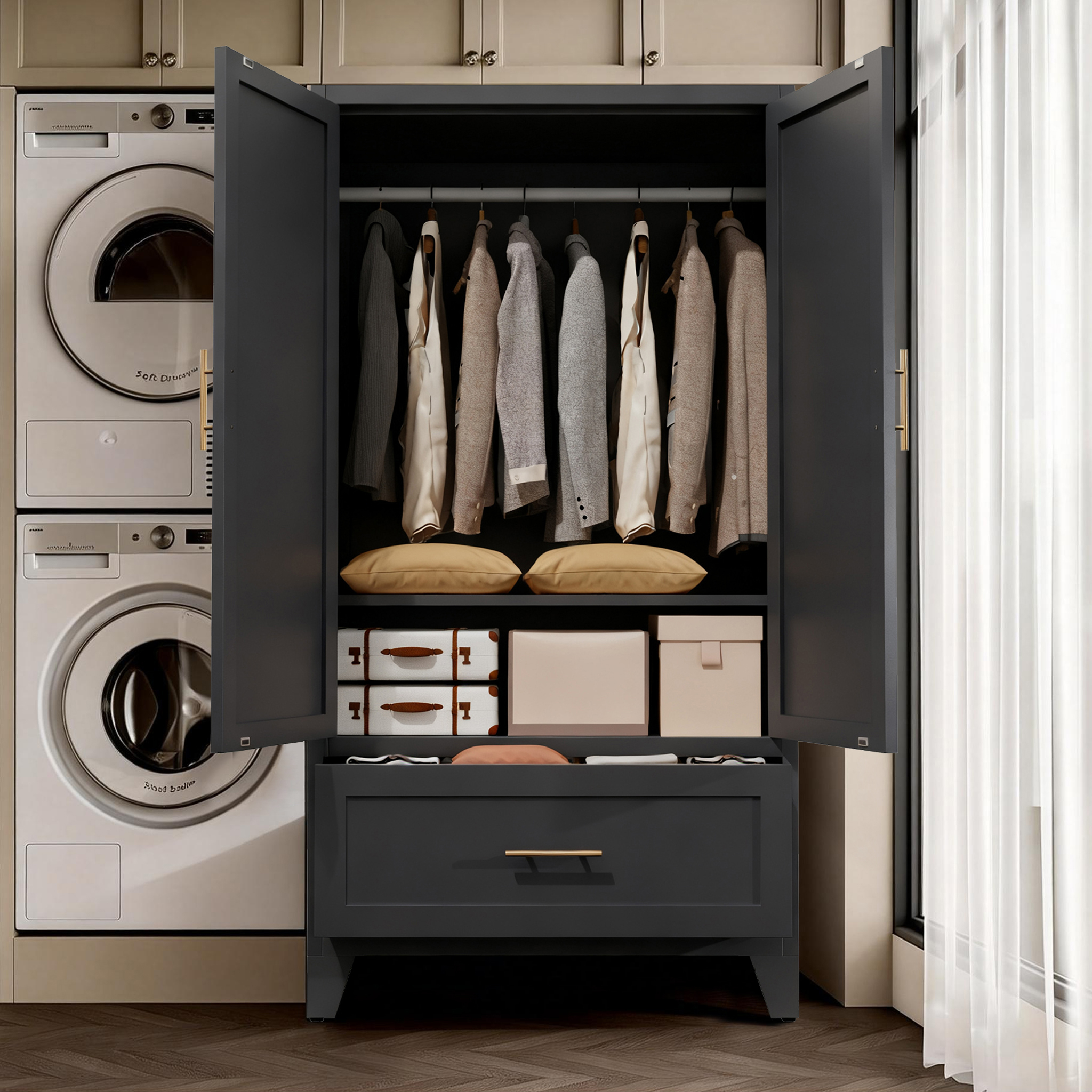 71" Tall Metal Wardrobe Cabinet with 2 Drawers and Hanging Rod, 2 Doors Wardrobe Closet with Shelf for Bedroom, Office, Laundry Room,Entryway ,Foyer,Guesthouse (White)
