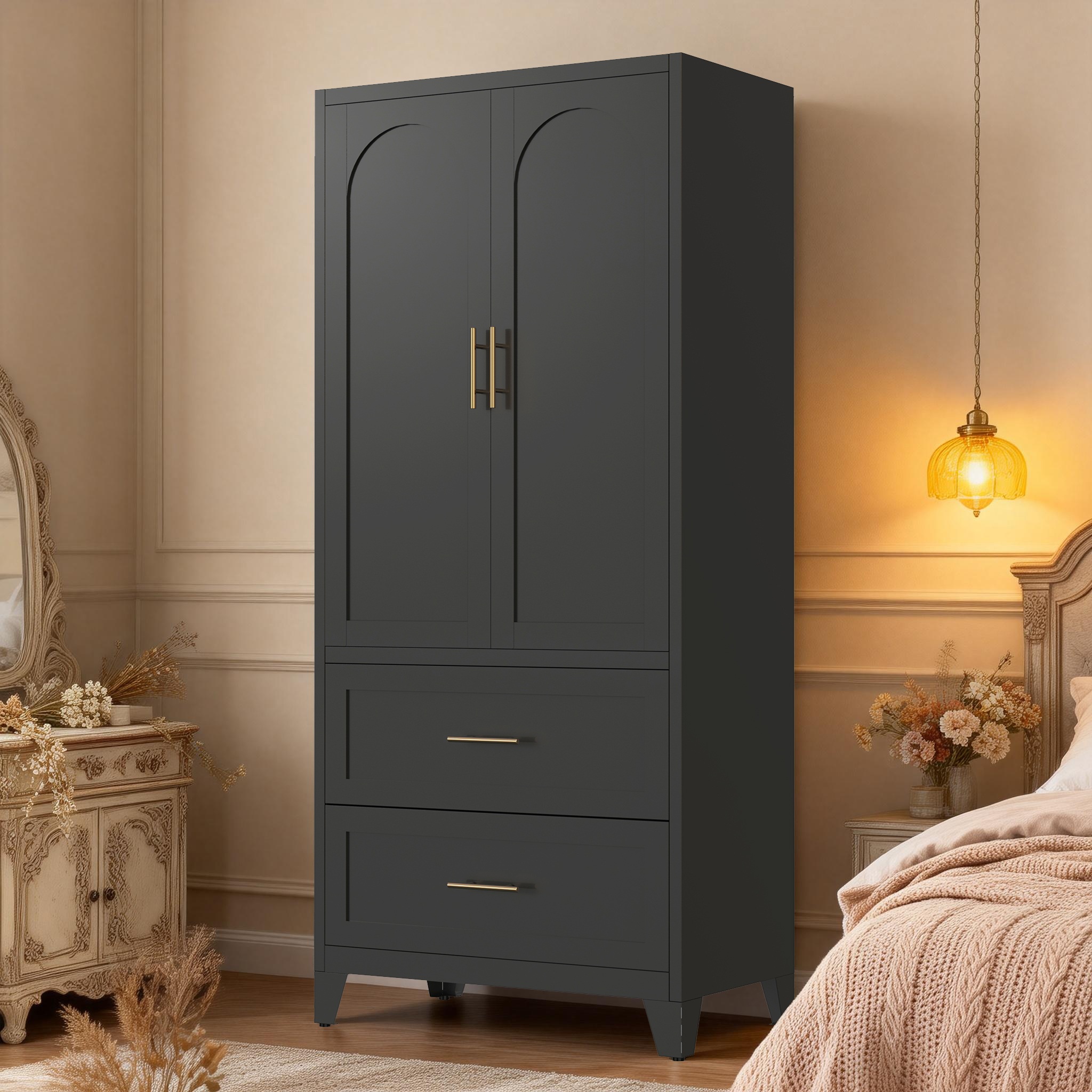 71" Tall Metal Wardrobe Cabinet with 2 Drawers and Hanging Rod, 2 Doors Wardrobe Closet with Shelf for Bedroom, Office, Laundry Room,Entryway ,Foyer,Guesthouse (White)