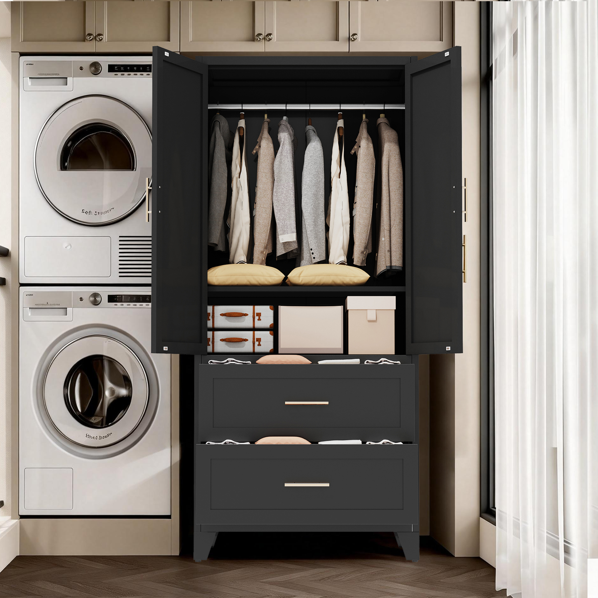 71" Tall Metal Wardrobe Cabinet with 2 Drawers and Hanging Rod, 2 Doors Wardrobe Closet with Shelf for Bedroom, Office, Laundry Room,Entryway ,Foyer,Guesthouse (White)