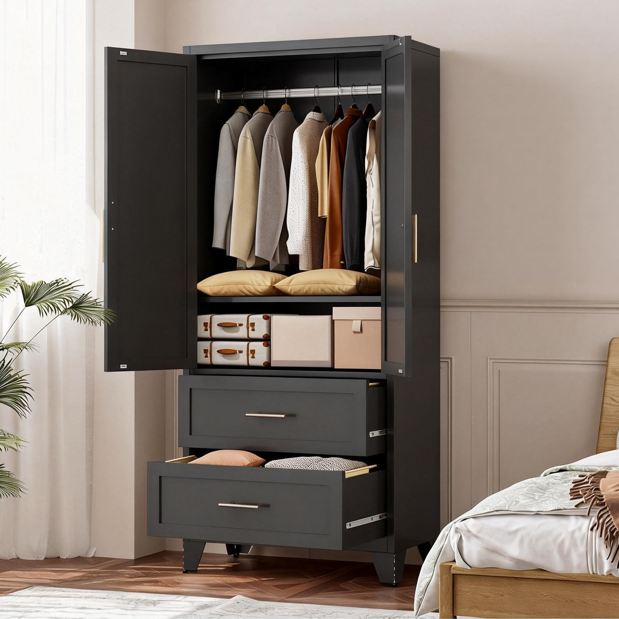 71" Tall Metal Wardrobe Cabinet with 2 Drawers and Hanging Rod, 2 Doors Wardrobe Closet with Shelf for Bedroom, Office, Laundry Room,Entryway ,Foyer,Guesthouse (White)