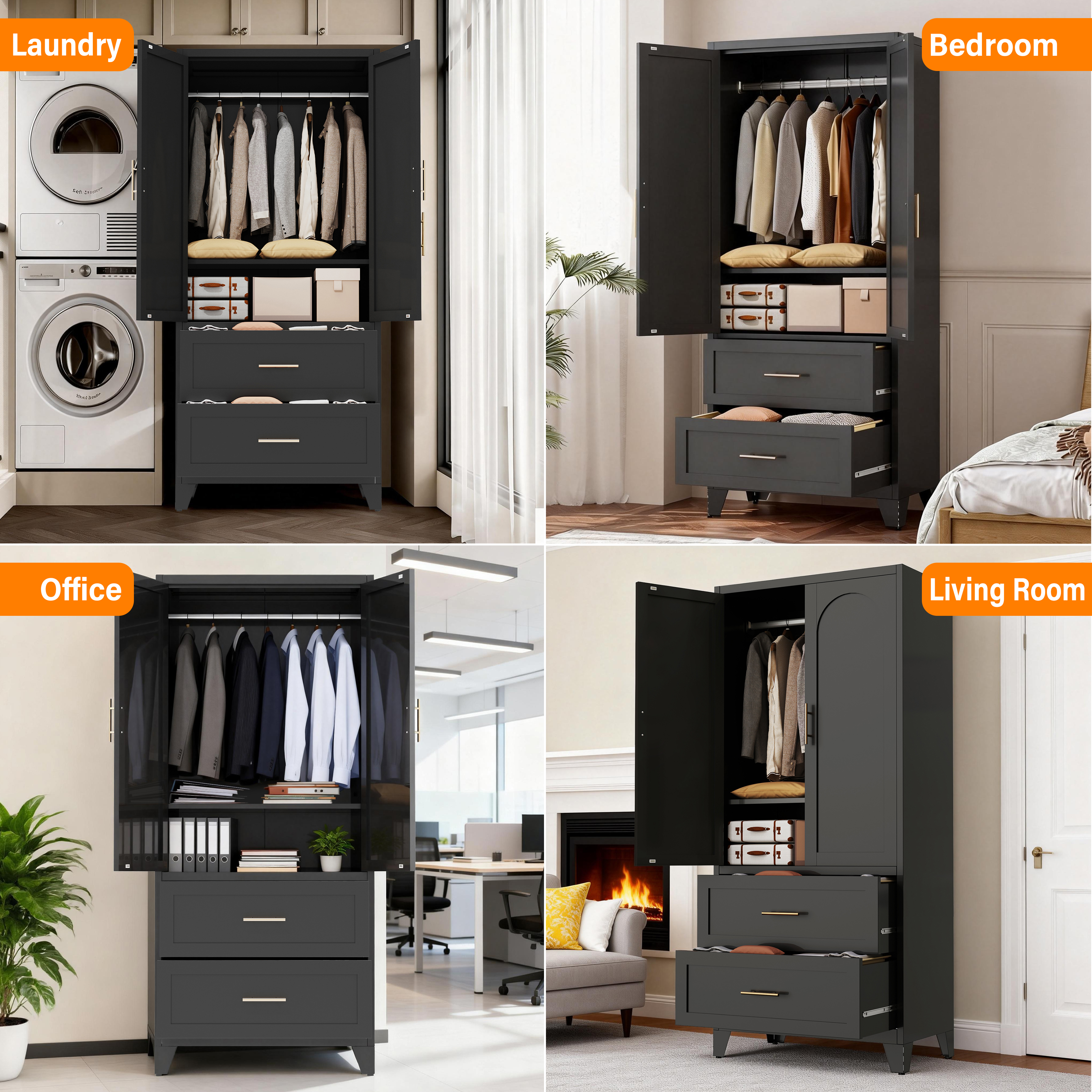 71" Tall Metal Wardrobe Cabinet with 2 Drawers and Hanging Rod, 2 Doors Wardrobe Closet with Shelf for Bedroom, Office, Laundry Room,Entryway ,Foyer,Guesthouse (White)