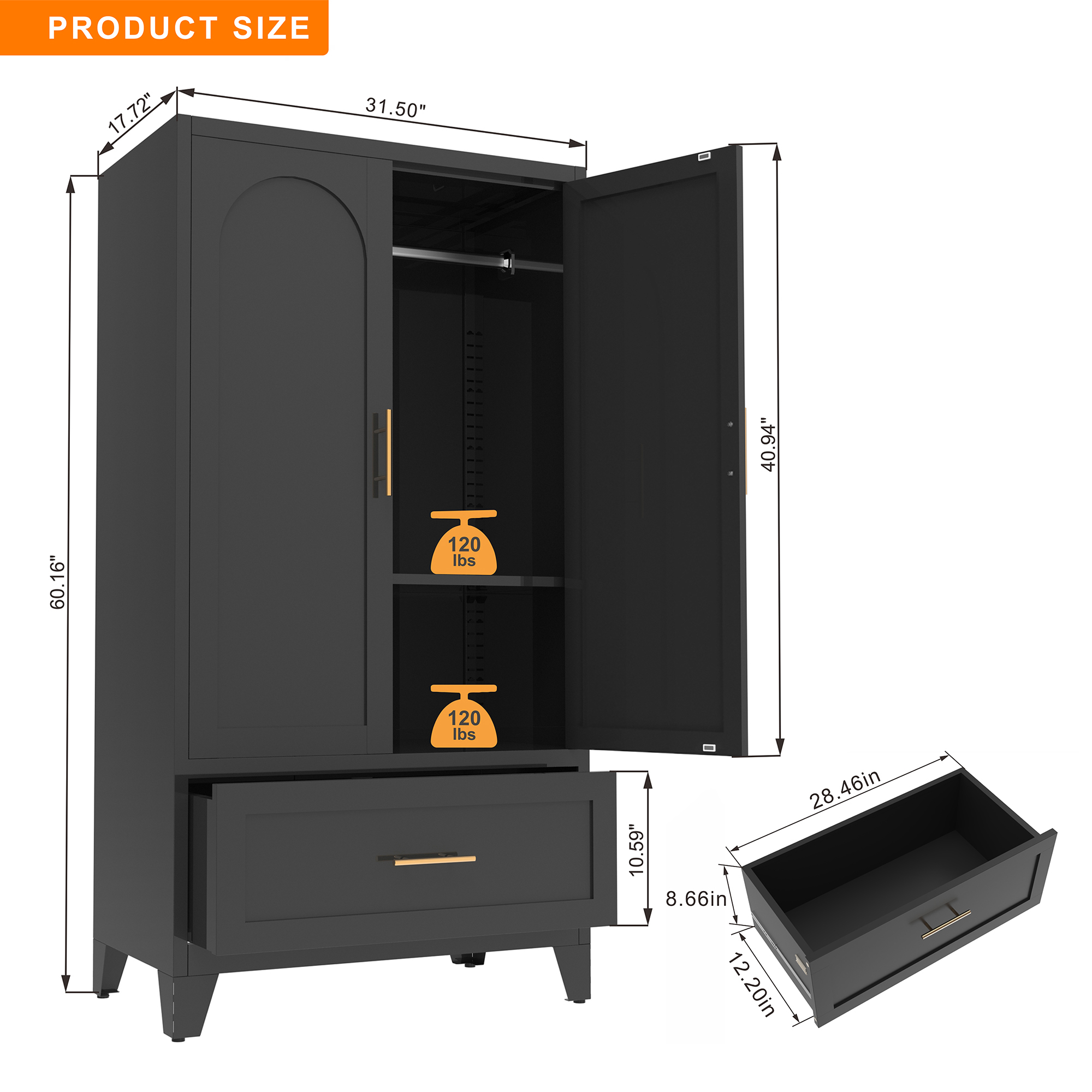 71" Tall Metal Wardrobe Cabinet with 2 Drawers and Hanging Rod, 2 Doors Wardrobe Closet with Shelf for Bedroom, Office, Laundry Room,Entryway ,Foyer,Guesthouse (White)