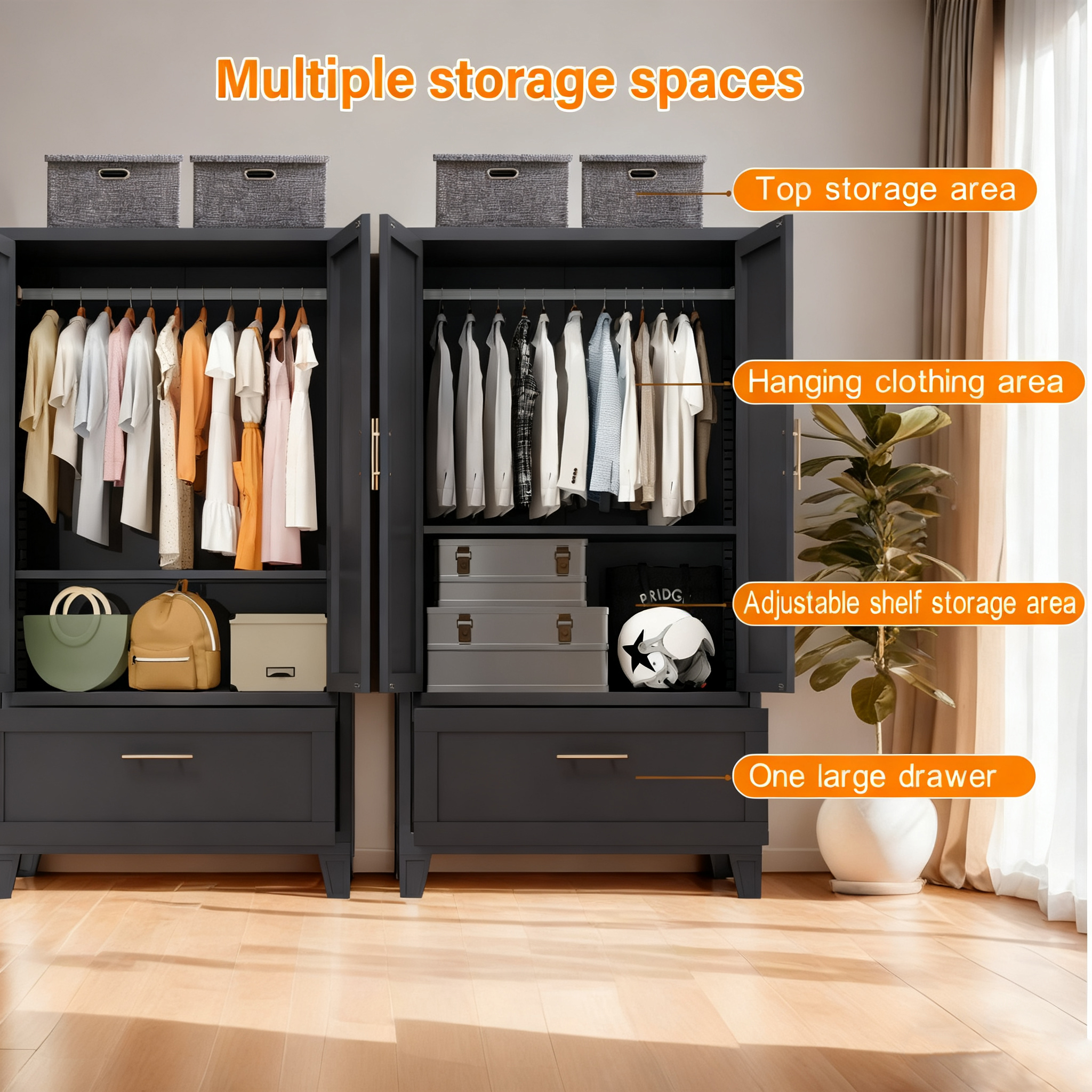 71" Tall Metal Wardrobe Cabinet with 2 Drawers and Hanging Rod, 2 Doors Wardrobe Closet with Shelf for Bedroom, Office, Laundry Room,Entryway ,Foyer,Guesthouse (White)