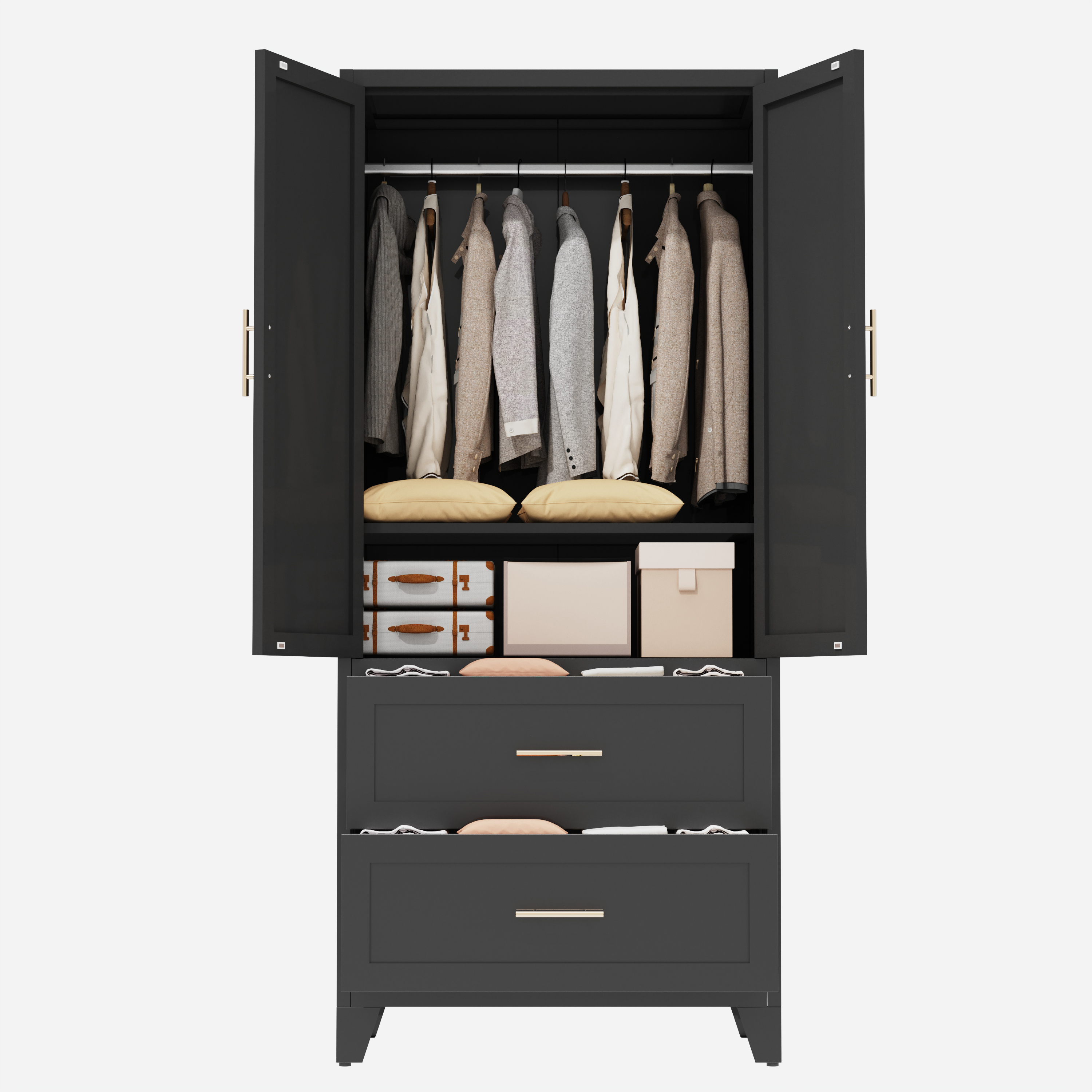 71" Tall Metal Wardrobe Cabinet with 2 Drawers and Hanging Rod, 2 Doors Wardrobe Closet with Shelf for Bedroom, Office, Laundry Room,Entryway ,Foyer,Guesthouse (White)