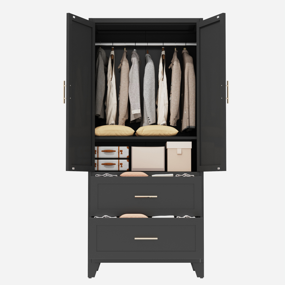 71" Tall Metal Wardrobe Cabinet with 2 Drawers and Hanging Rod, 2 Doors Wardrobe Closet with Shelf for Bedroom, Office, Laundry Room,Entryway ,Foyer,Guesthouse (White)