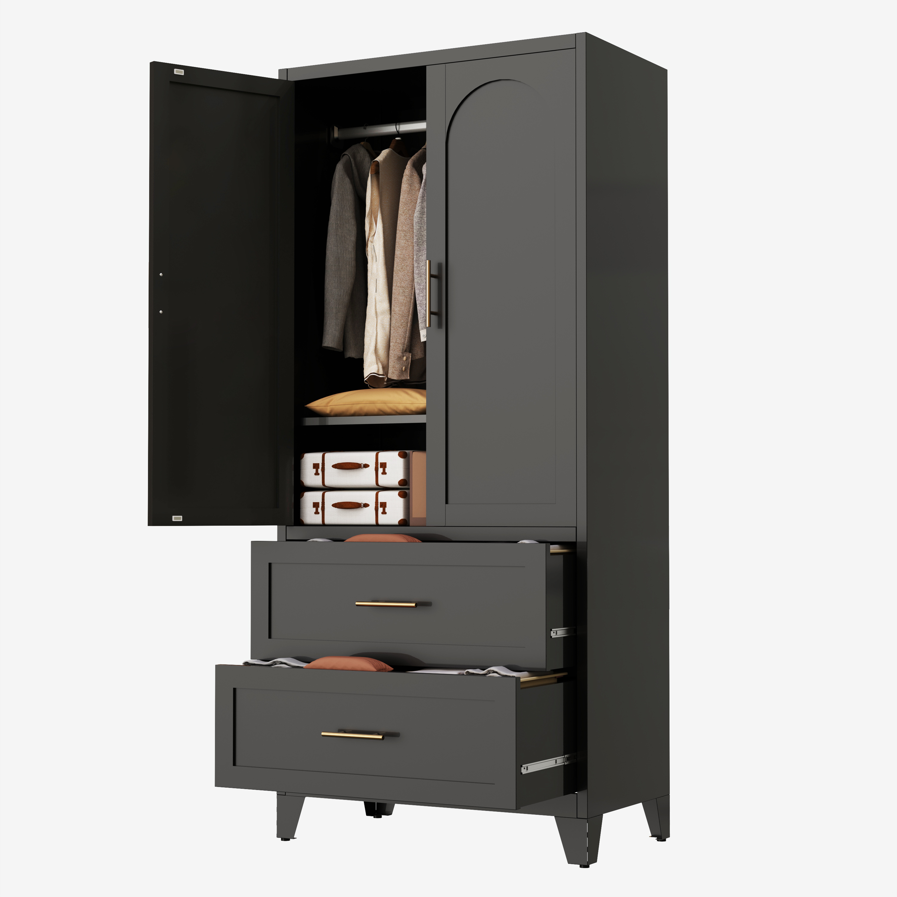 71" Tall Metal Wardrobe Cabinet with 2 Drawers and Hanging Rod, 2 Doors Wardrobe Closet with Shelf for Bedroom, Office, Laundry Room,Entryway ,Foyer,Guesthouse (White)