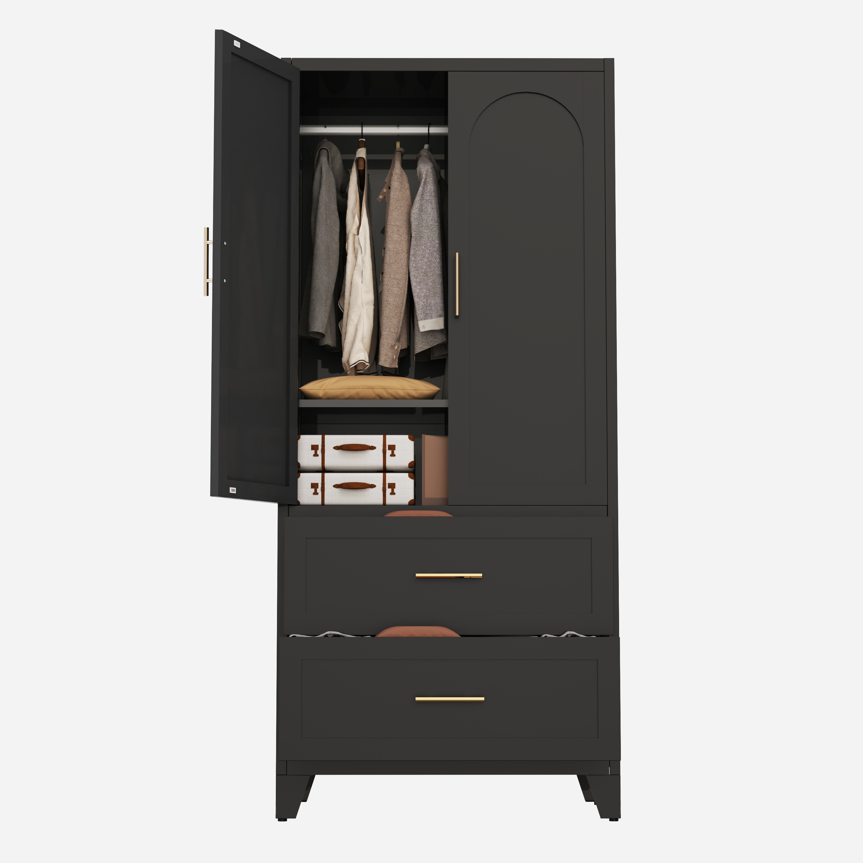 71" Tall Metal Wardrobe Cabinet with 2 Drawers and Hanging Rod, 2 Doors Wardrobe Closet with Shelf for Bedroom, Office, Laundry Room,Entryway ,Foyer,Guesthouse (White)
