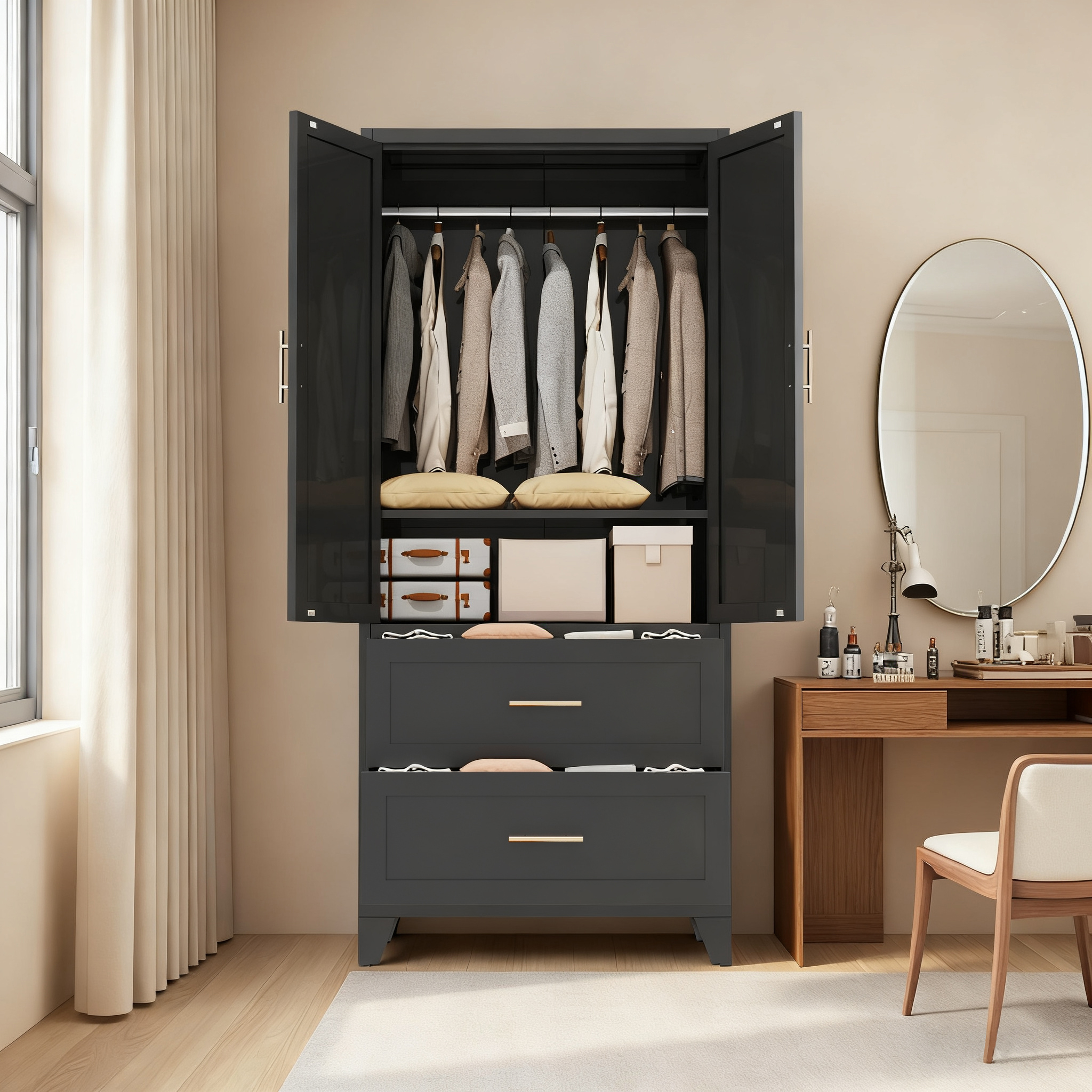 71" Tall Metal Wardrobe Cabinet with 2 Drawers and Hanging Rod, 2 Doors Wardrobe Closet with Shelf for Bedroom, Office, Laundry Room,Entryway ,Foyer,Guesthouse (White)