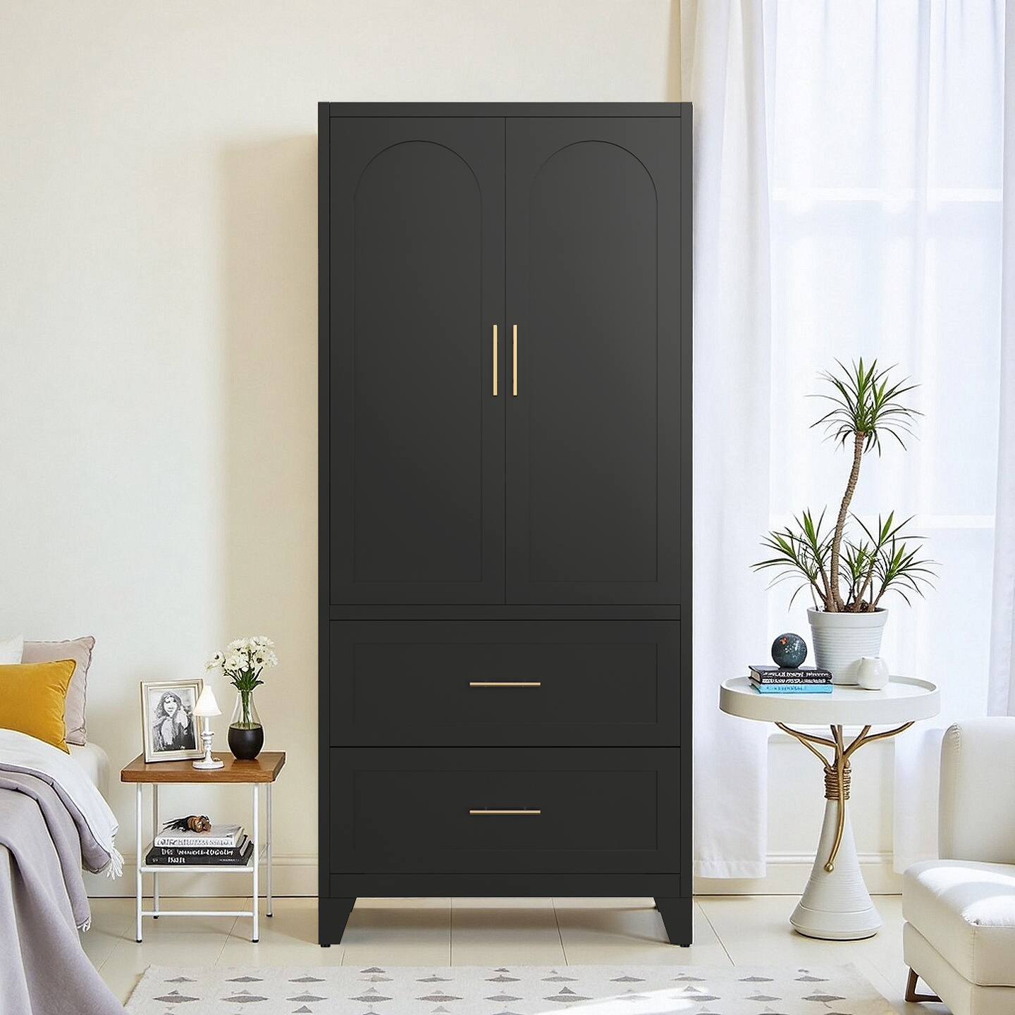 71" Tall Metal Wardrobe Cabinet with 2 Drawers and Hanging Rod, 2 Doors Wardrobe Closet with Shelf for Bedroom, Office, Laundry Room,Entryway ,Foyer,Guesthouse (White)