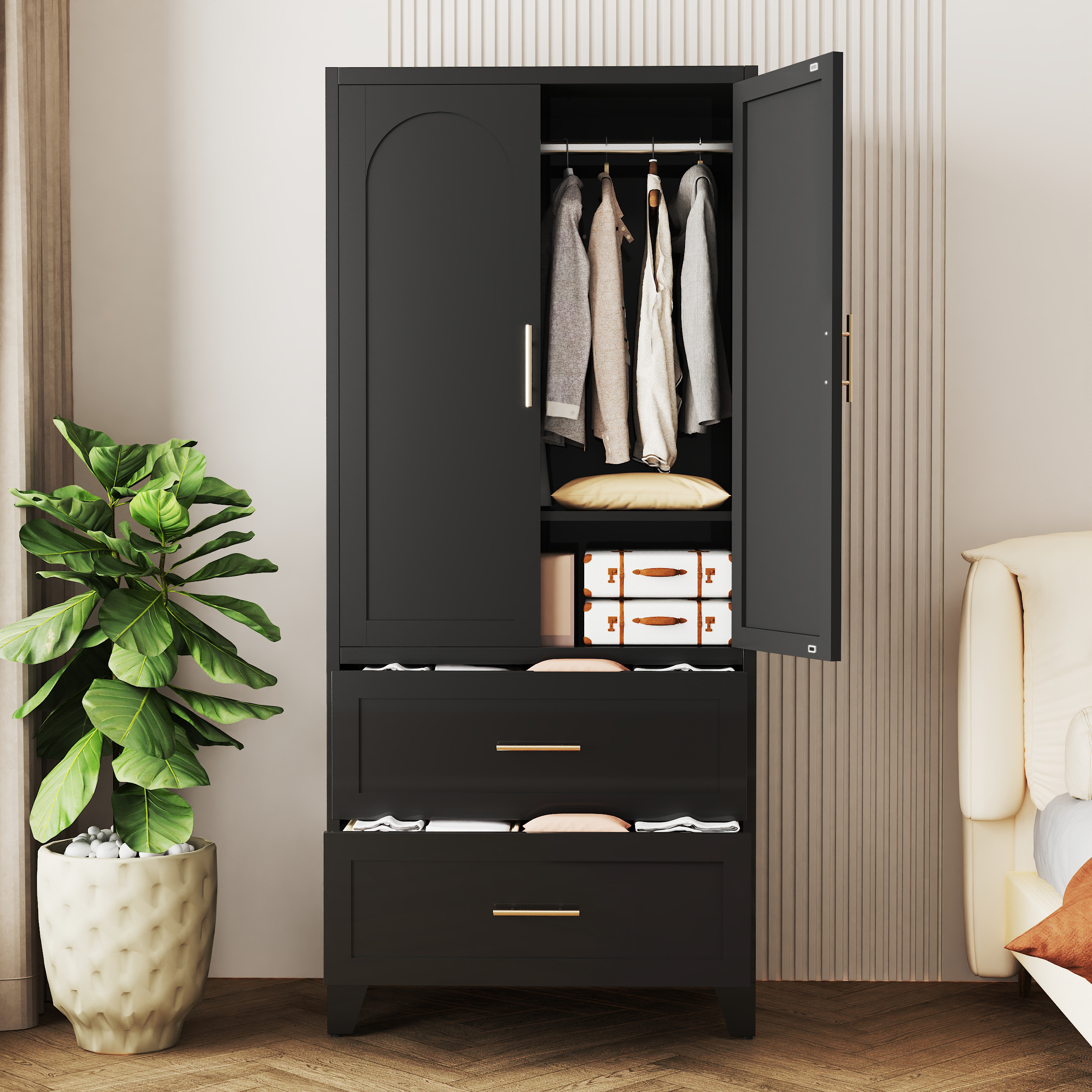 71" Tall Metal Wardrobe Cabinet with 2 Drawers and Hanging Rod, 2 Doors Wardrobe Closet with Shelf for Bedroom, Office, Laundry Room,Entryway ,Foyer,Guesthouse (White)