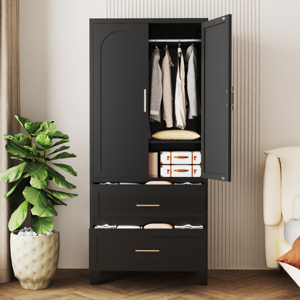 71" Tall Metal Wardrobe Cabinet with 2 Drawers and Hanging Rod, 2 Doors Wardrobe Closet with Shelf for Bedroom, Office, Laundry Room,Entryway ,Foyer,Guesthouse (White)