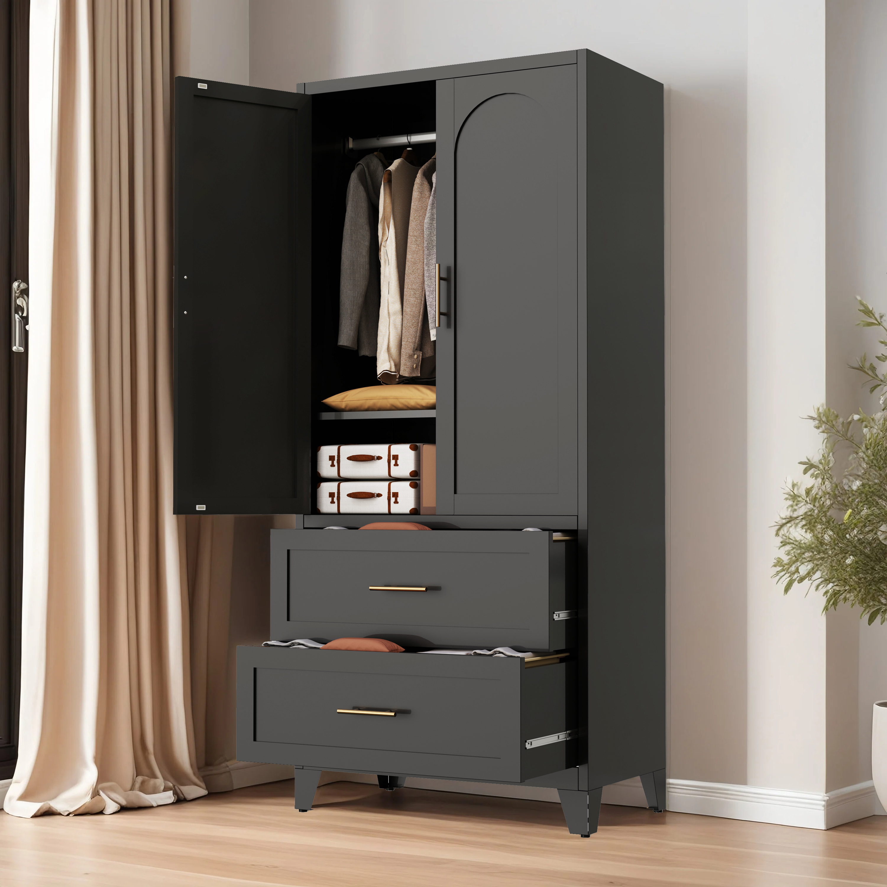71" Tall Metal Wardrobe Cabinet with 2 Drawers and Hanging Rod, 2 Doors Wardrobe Closet with Shelf for Bedroom, Office, Laundry Room,Entryway ,Foyer,Guesthouse (White)
