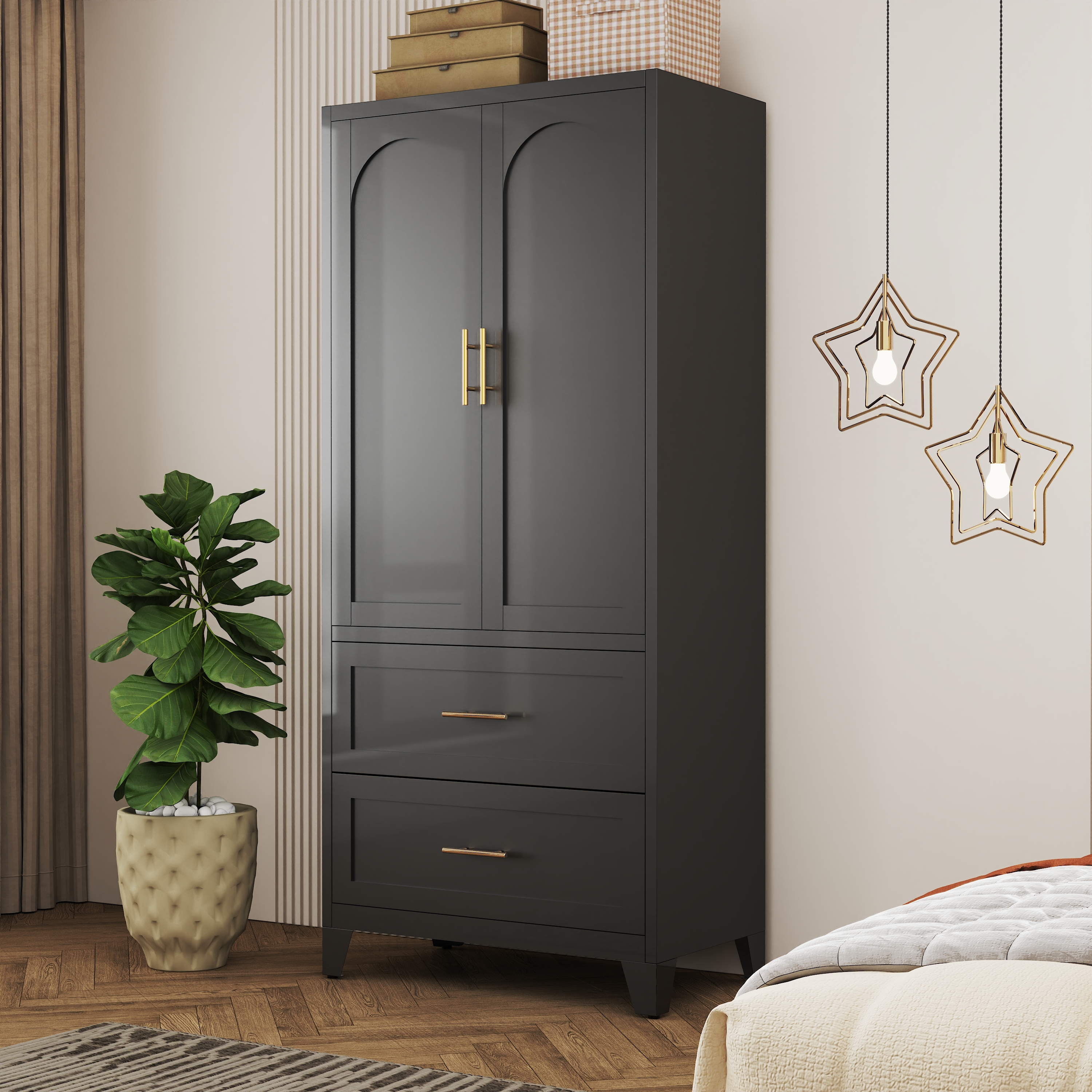 71" Tall Metal Wardrobe Cabinet with 2 Drawers and Hanging Rod, 2 Doors Wardrobe Closet with Shelf for Bedroom, Office, Laundry Room,Entryway ,Foyer,Guesthouse (White)