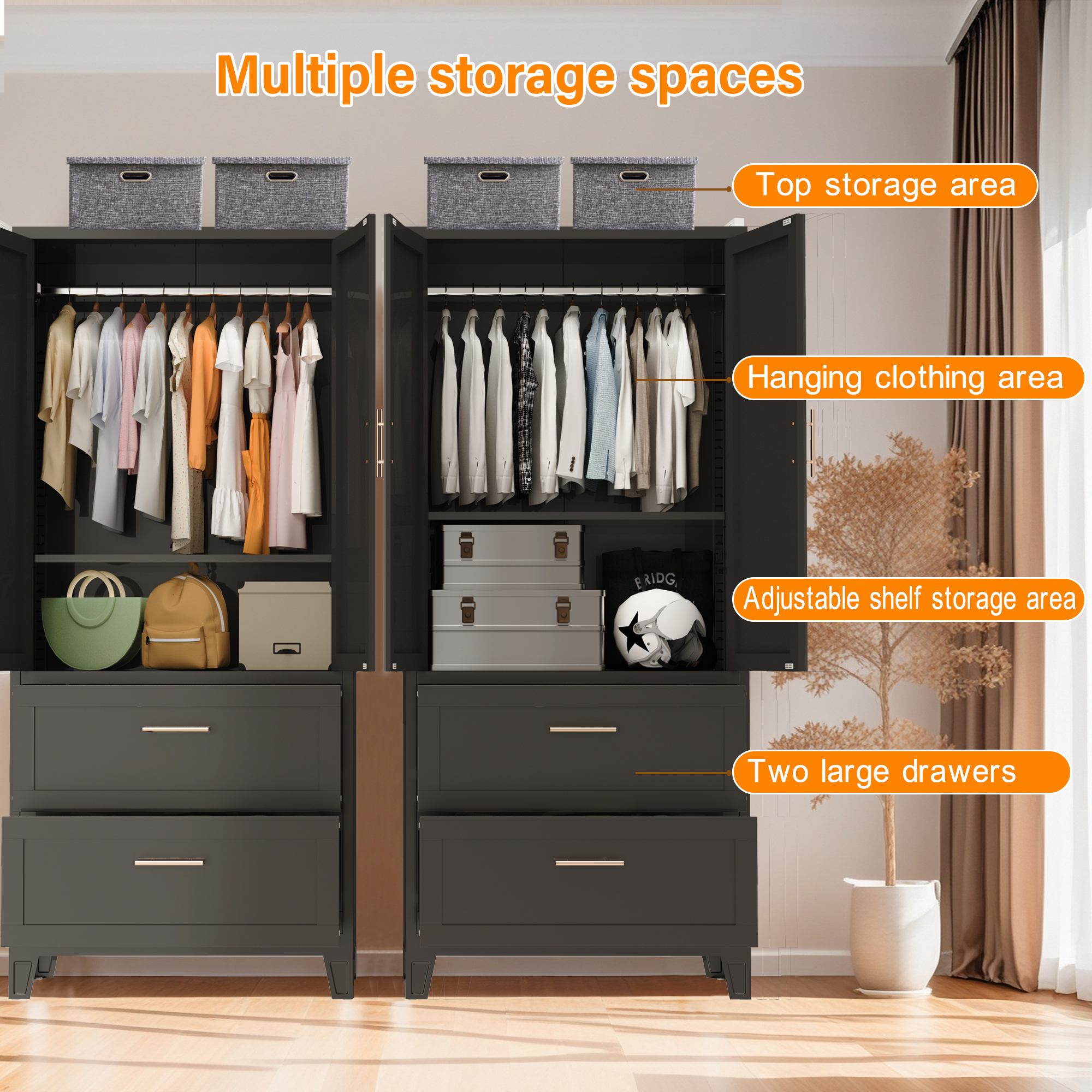 71" Tall Metal Wardrobe Cabinet with 2 Drawers and Hanging Rod, 2 Doors Wardrobe Closet with Shelf for Bedroom, Office, Laundry Room,Entryway ,Foyer,Guesthouse (White)