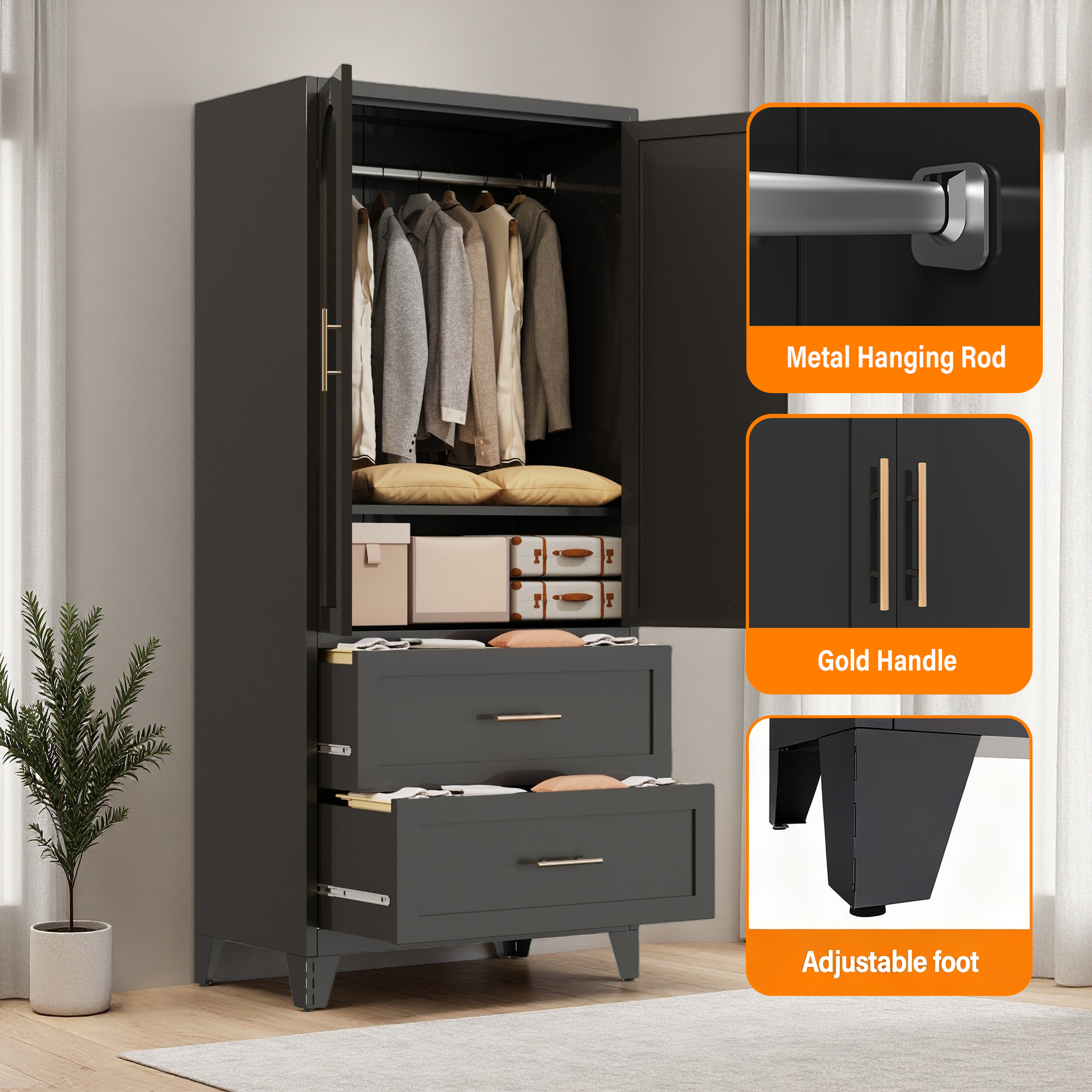 71" Tall Metal Wardrobe Cabinet with 2 Drawers and Hanging Rod, 2 Doors Wardrobe Closet with Shelf for Bedroom, Office, Laundry Room,Entryway ,Foyer,Guesthouse (White)