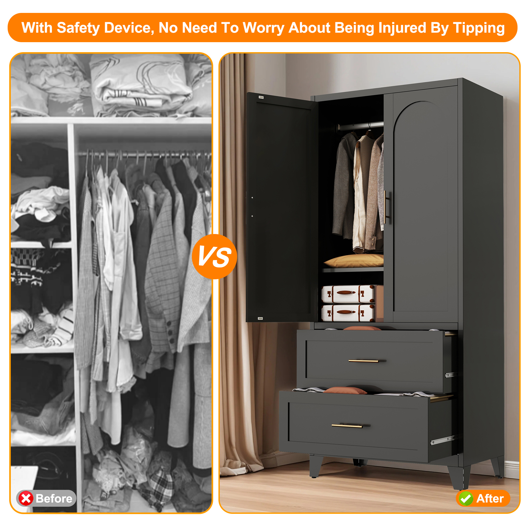 71" Tall Metal Wardrobe Cabinet with 2 Drawers and Hanging Rod, 2 Doors Wardrobe Closet with Shelf for Bedroom, Office, Laundry Room,Entryway ,Foyer,Guesthouse (White)