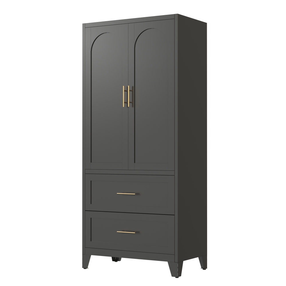 71" Tall Metal Wardrobe Cabinet with 2 Drawers and Hanging Rod, 2 Doors Wardrobe Closet with Shelf for Bedroom, Office, Laundry Room,Entryway ,Foyer,Guesthouse (White)