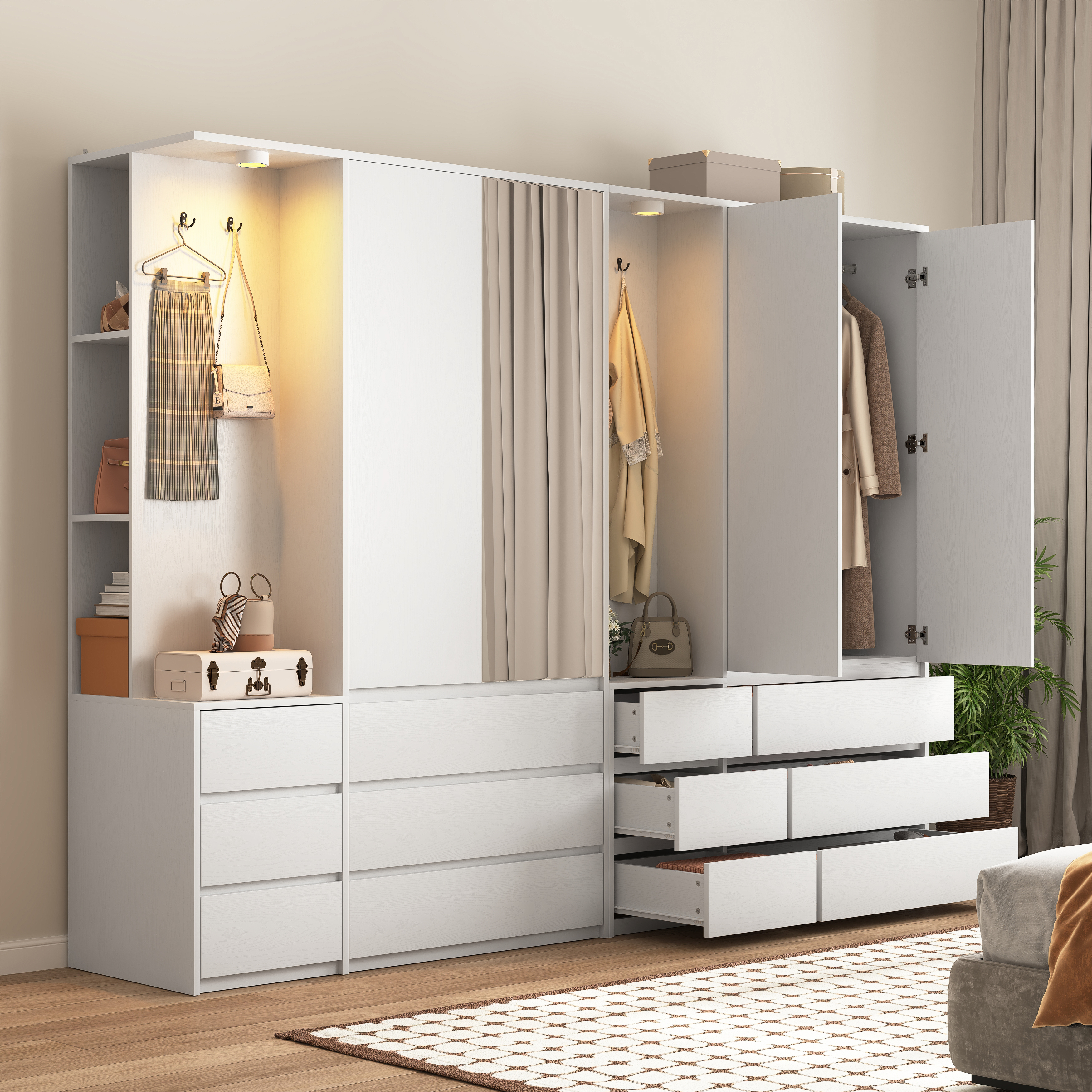 Wardrobe Closet 71.7" H, Bedroom Wooden Wardrobe with 2 Doors 6 Drawers, Modern Clothing Storage Cabinet Combination with Storage Shelves and Hanging Rail, White