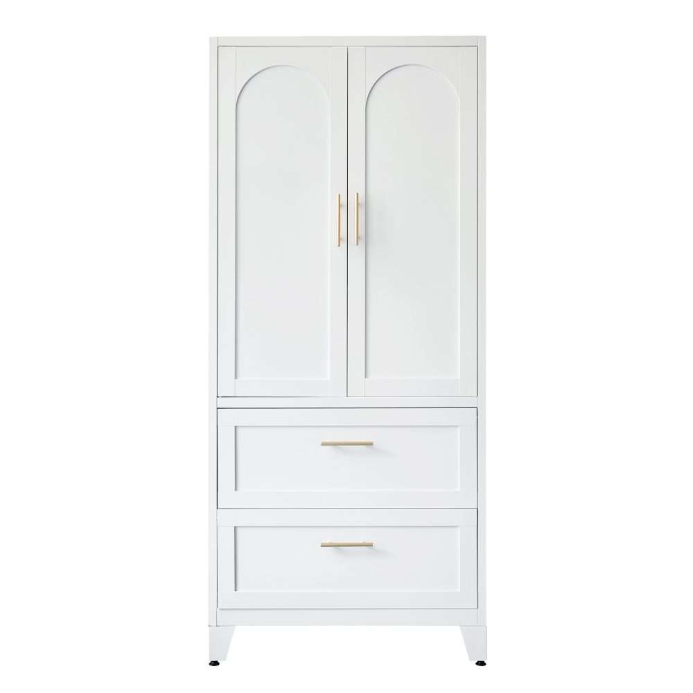 71" Tall Metal Wardrobe Cabinet with 2 Drawers and Hanging Rod, 2 Doors Wardrobe Closet with Shelf for Bedroom, Office, Laundry Room,Entryway ,Foyer,Guesthouse (White)