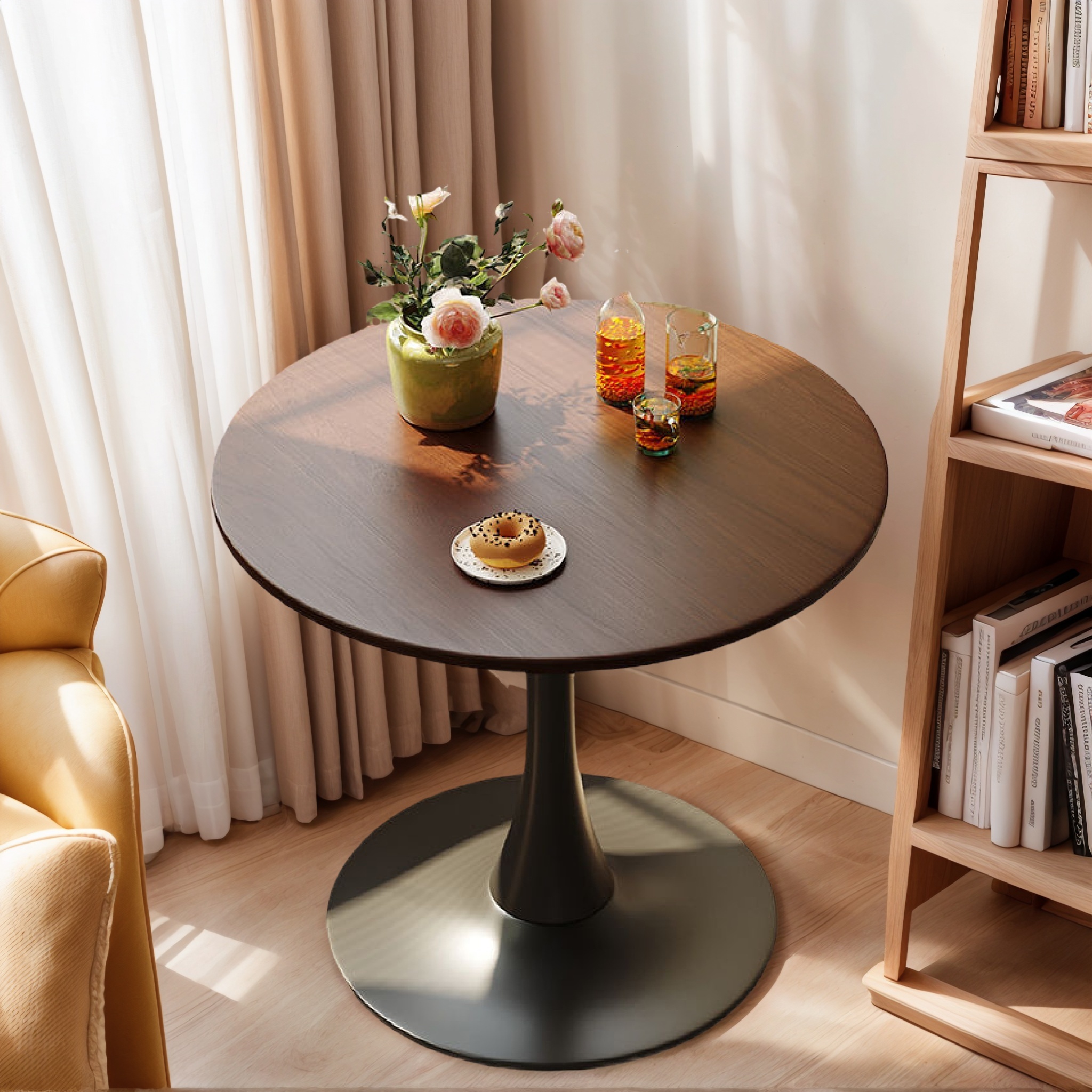 Black Round Table, Modern Dining Table, MDF Top and Steel Base Tulip Round Kitchen Table, Mid Century Coffee Table for Living Room 24 Inch, Kitchen Table, Oval Dining Table